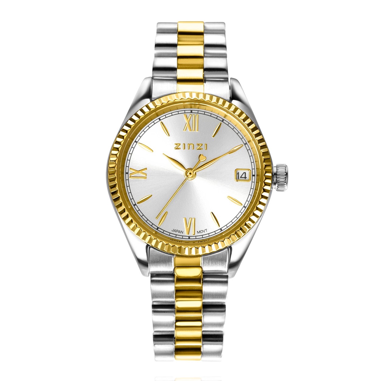 De ICONIC watch van ZINZI heeft een herkenbaar tijdloos ontwerp en een subtiel formaat van 30mm. Voorzien van een opvallende goudkleurige gekartelde rand rondom het glas, dat zorgt voor een schitterende luxueuze uitstraling. Het dameshorloge heeft een zilverkleurige 'sunray' wijzerplaat met Romeinse cijfers, datum met dag-aanduiding en een stoere stalen bicolor band met chique clip-sluiting. Leuk detail: de seconde wijzer met een subtiel hartje. Ook 5atm waterbestendig (tegen regen en spatwater) en met sterk mineraal glas.