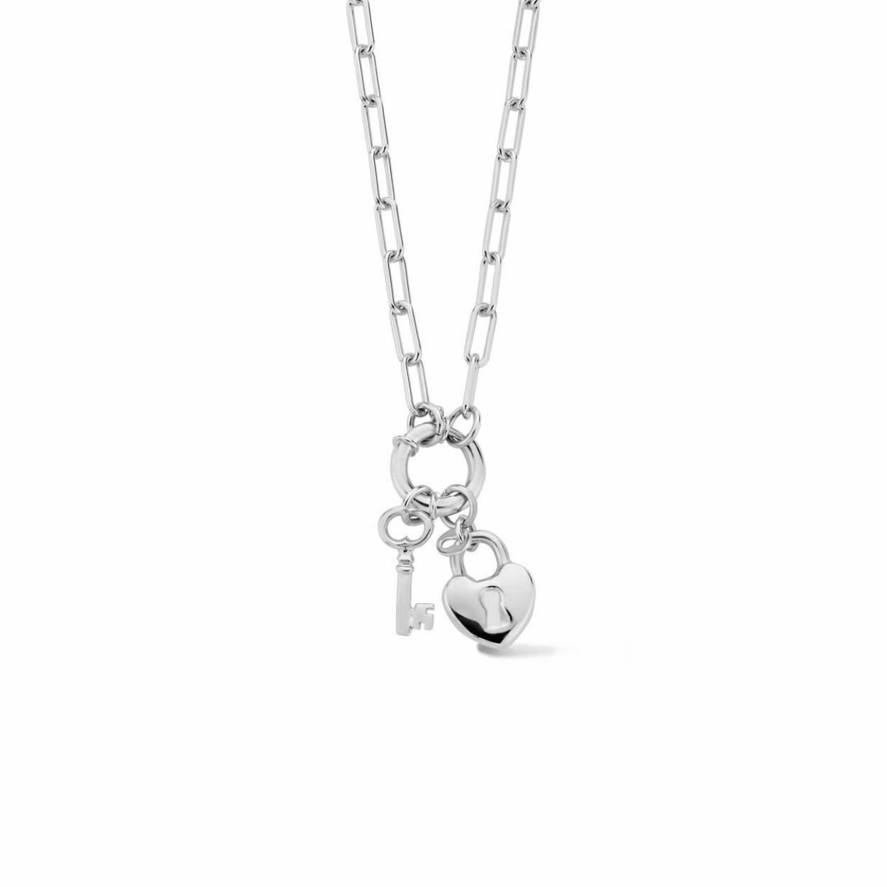 Gerhodineerd 925 zilveren collier uitgevoerd met een hanger in de vorm van een slot en een sleutel. Het collier heeft een draaglengte van 46cm