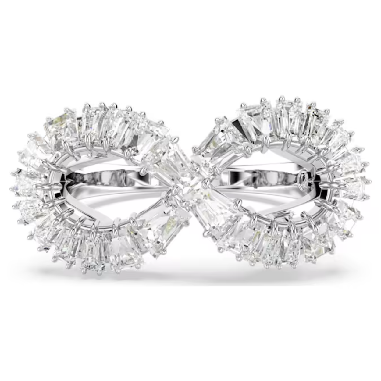 Tijdloze stijl komt tot leven met deze ring in de vorm van een oneindigheidssymbool. Het sieraad met rhodium toplaag is geïnspireerd op het oneindigheidssymbool en wikkelt zich als een spiraal om de vinger. Het is bezet met heldere Swarovski Zirkonia, die vakkundig zijn gezet voor optimale schittering. Een betoverende en hypnotiserende ring die zowel symbolisch als beeldschoon is.