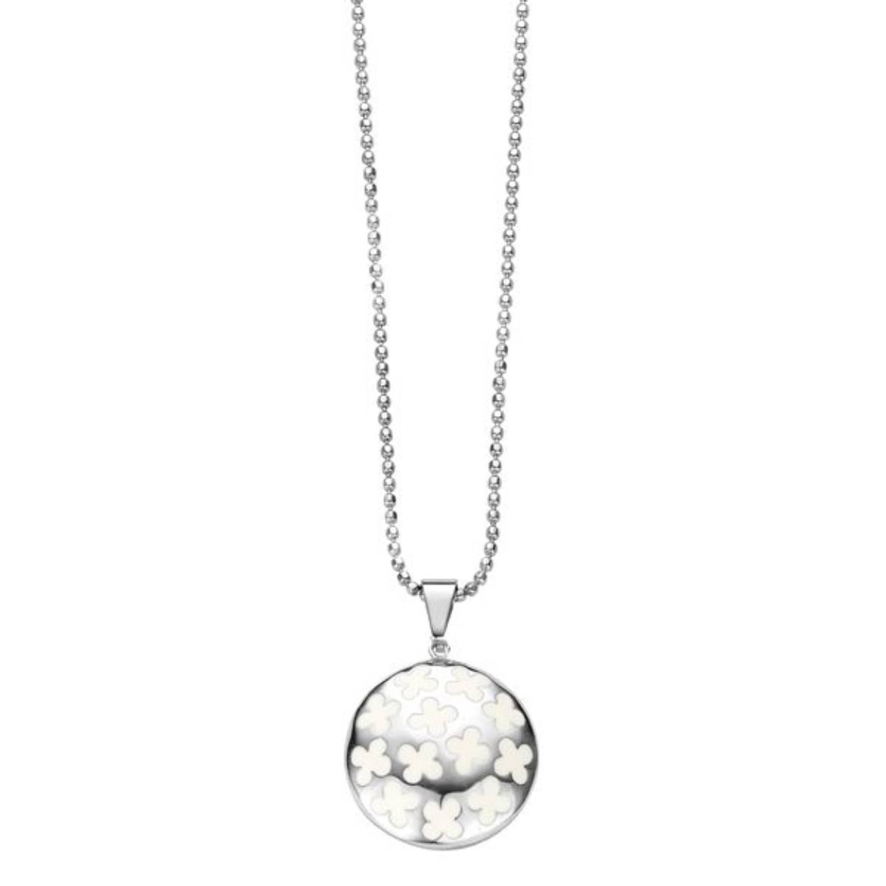Robuuste zilverkleurige stalen collier met emaille witte bloem hanger van Silventi. De diameter is 27 mm. De lengte is 42 cm en is verlengbaar tot 45 cm. Voorzien van karabijn sluiting.