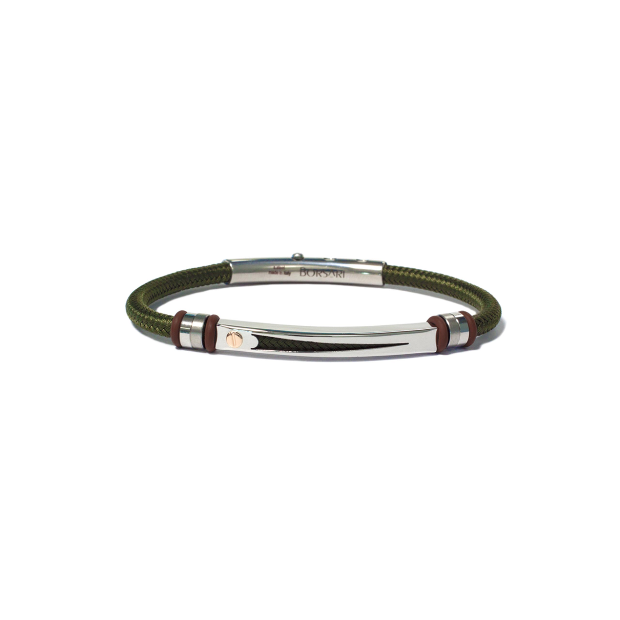 Borsari Gioielli armband edelstaal - polyester + 18 krt.
de armband is in de sluiting op 3 plaatsen verstelbaar in grootte