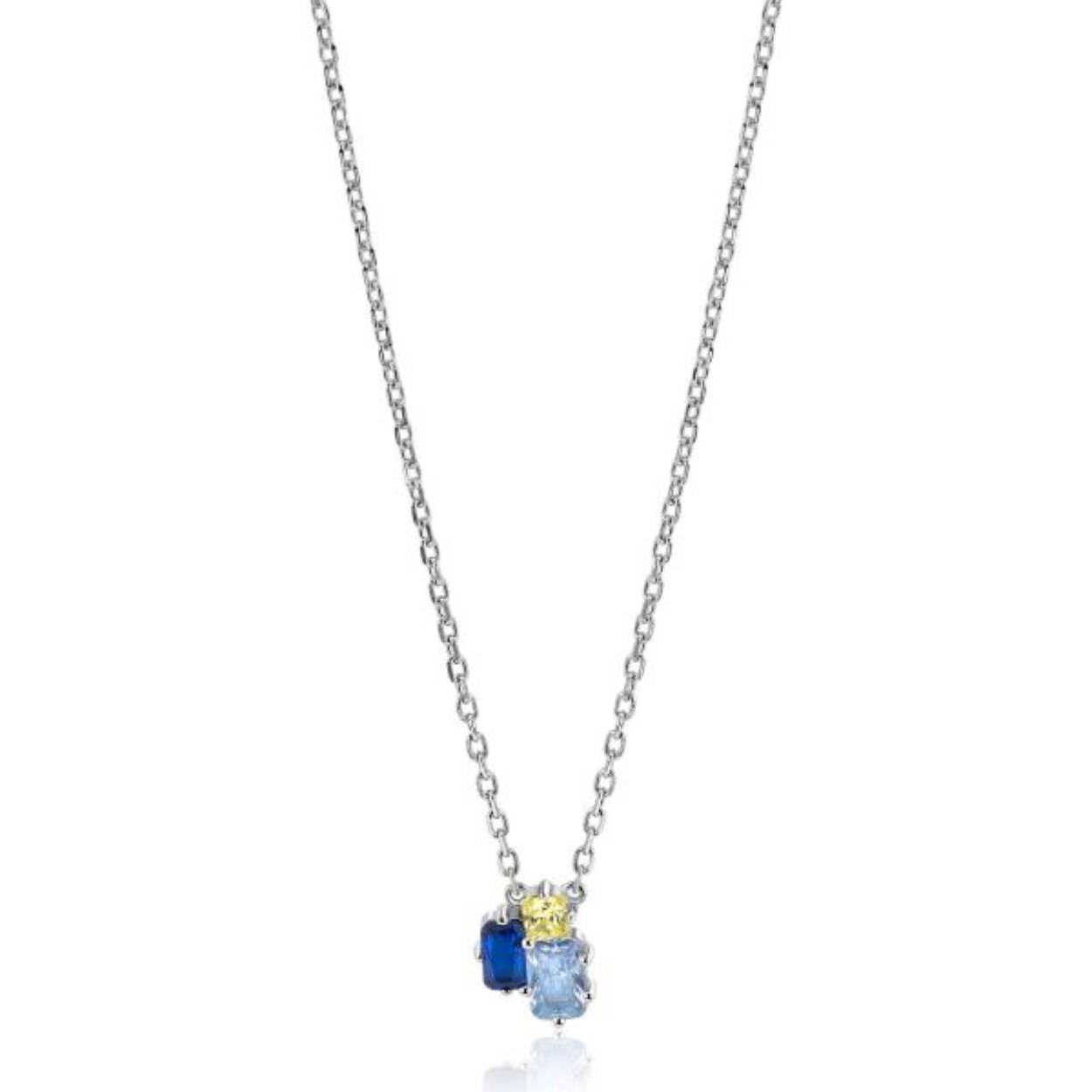 ZINZI zilveren fantasie ketting 45cm met rechthoekige zettingen, bezet met licht groene, licht blauwe en saffier blauwe kleurstenen. Voorzien van een perfecte sluiting met daarnaast een herkenbaar Zinzi hartje. De lengte van de ketting is te variëren tussen 42cm en 45cm door het verlengkettinkje. De ketting is vervaardigd van eerste gehalte zilver (925) en voorzien van een extra rodium laag voor een langdurige glans.