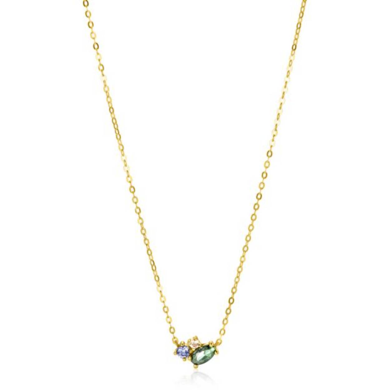 ZINZI Gold 14 karaat gouden ketting 45cm, in het midden bezet met groene, blauwe en champagne zirconia's. Het fantasie middenstuk valt sierlijk op de hals. Vervaardigd van geheel 14 karaat goud (585). En herkenbaar 'Zinzi' door het kleine gouden Zinzi hartje bij de sluiting.