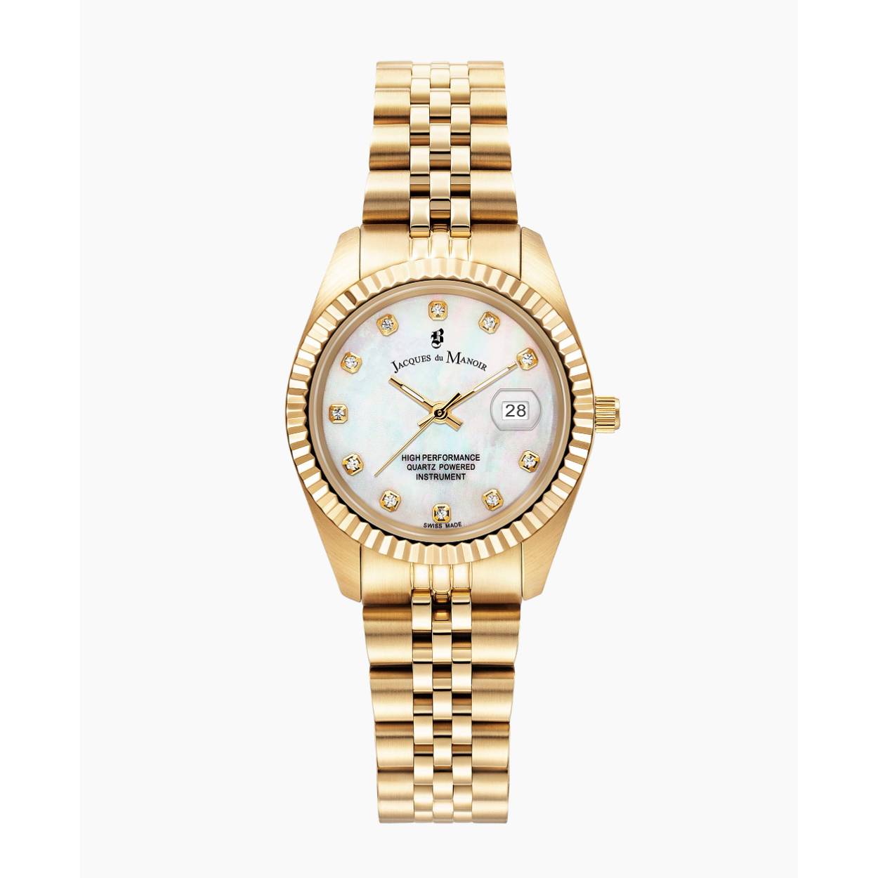 Dames Horloge met parelmoerkleurige wijzerplaat ingelegd met zirkonia's en een goudkleurige roestvrij stalen schakel band.