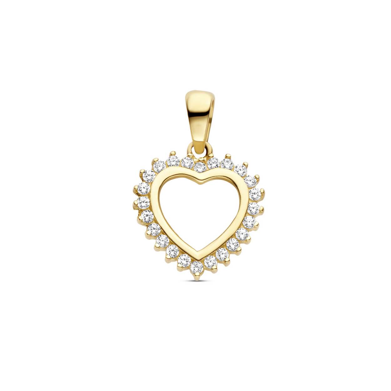 14k Geelgouden hanger uitgevoerd in de vorm van een hart met zirkonia. De hanger heeft een totaal hoogte van 19mm.