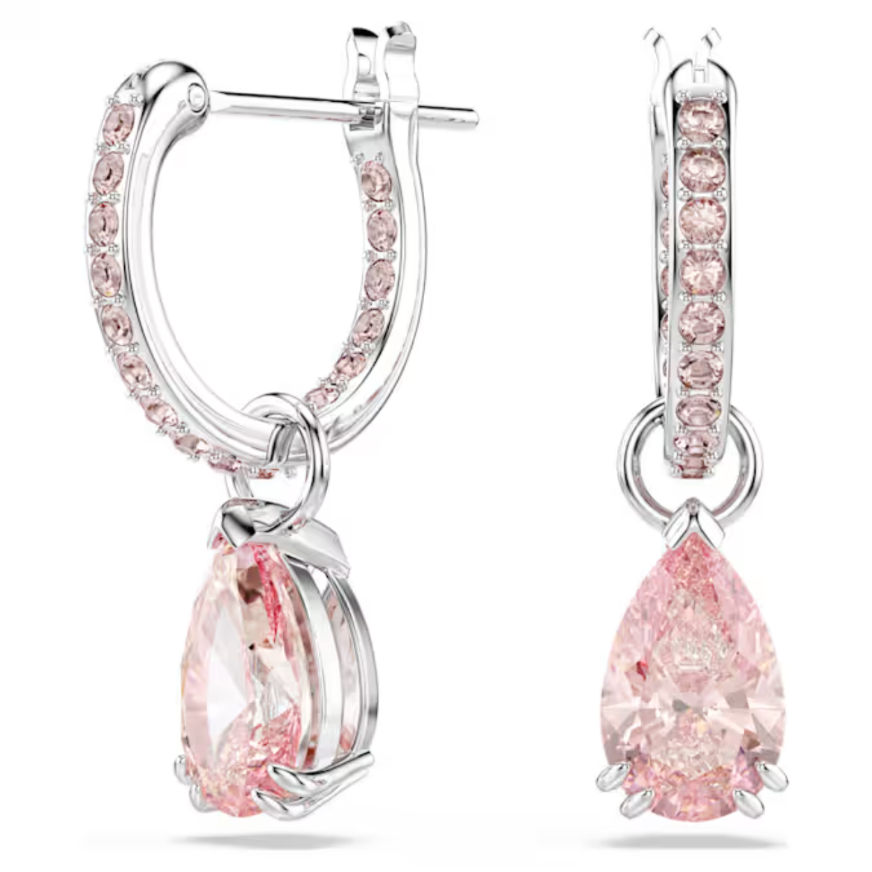 Deze oorbellen vangen het licht vanuit elke hoek en worden geheid uw nieuwe stijlfavoriet. Een roze kristal in Pear-slijpvorm hangt aan ringen met een rhodium toplaag, die zijn bezet met oogverblindende roze pavé. Draag ze met opgestoken haar in combinatie met andere sieraden uit dezelfde lijn.