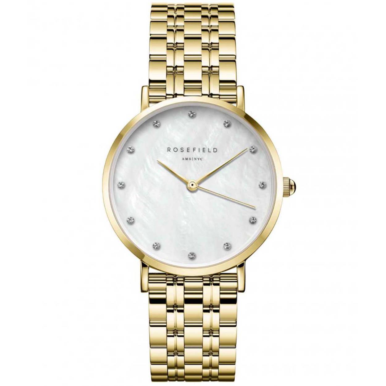Rosefield dames horloge van de serie "The Upper East". Een trendy eigentijds horloge met een parelmoer wijzerplaat, bezet met zirconia's .
