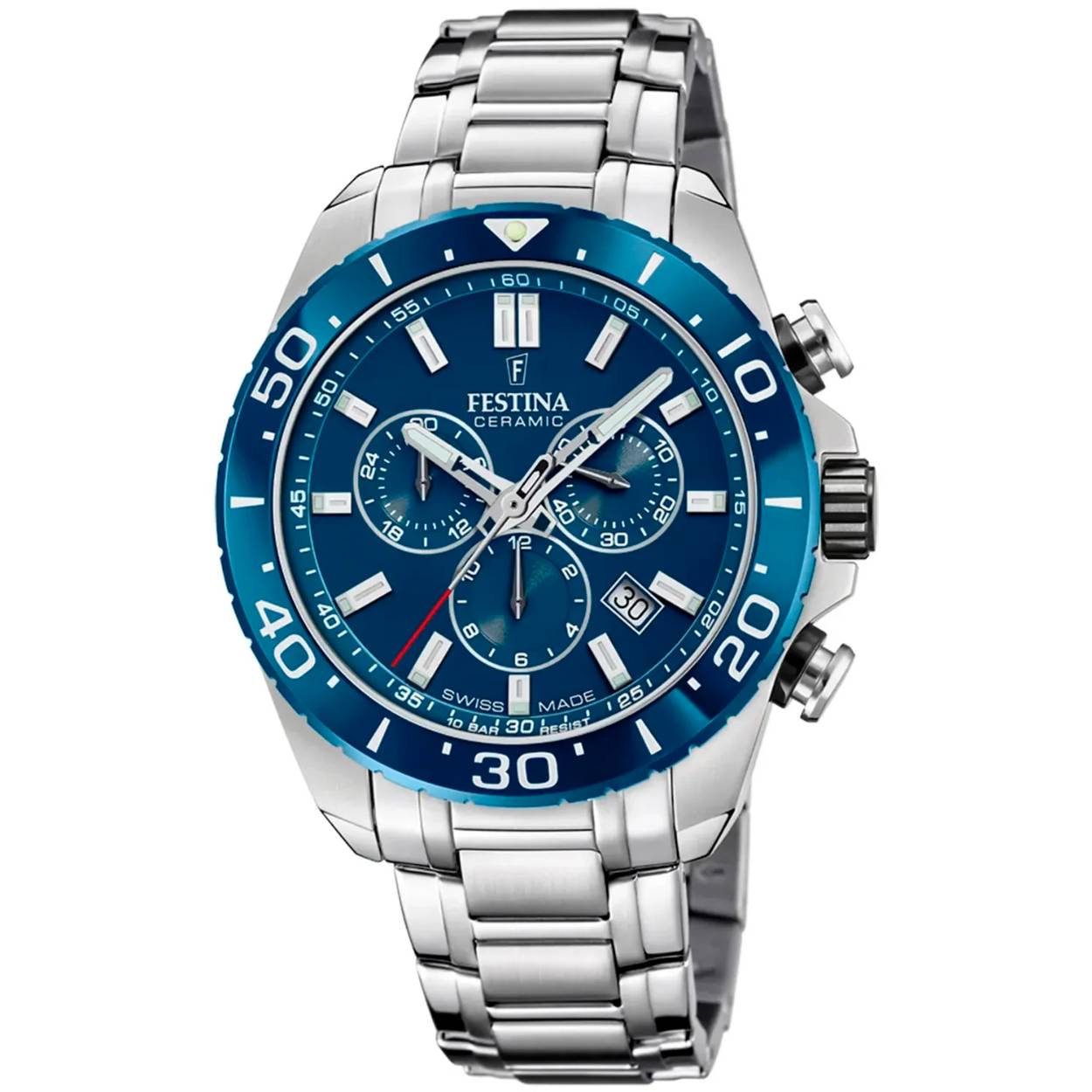 Festina Swiss Made herenhorloge F20042/2 met een keramische kast en een saffierglas voorzien van een roestvrijstalen band.