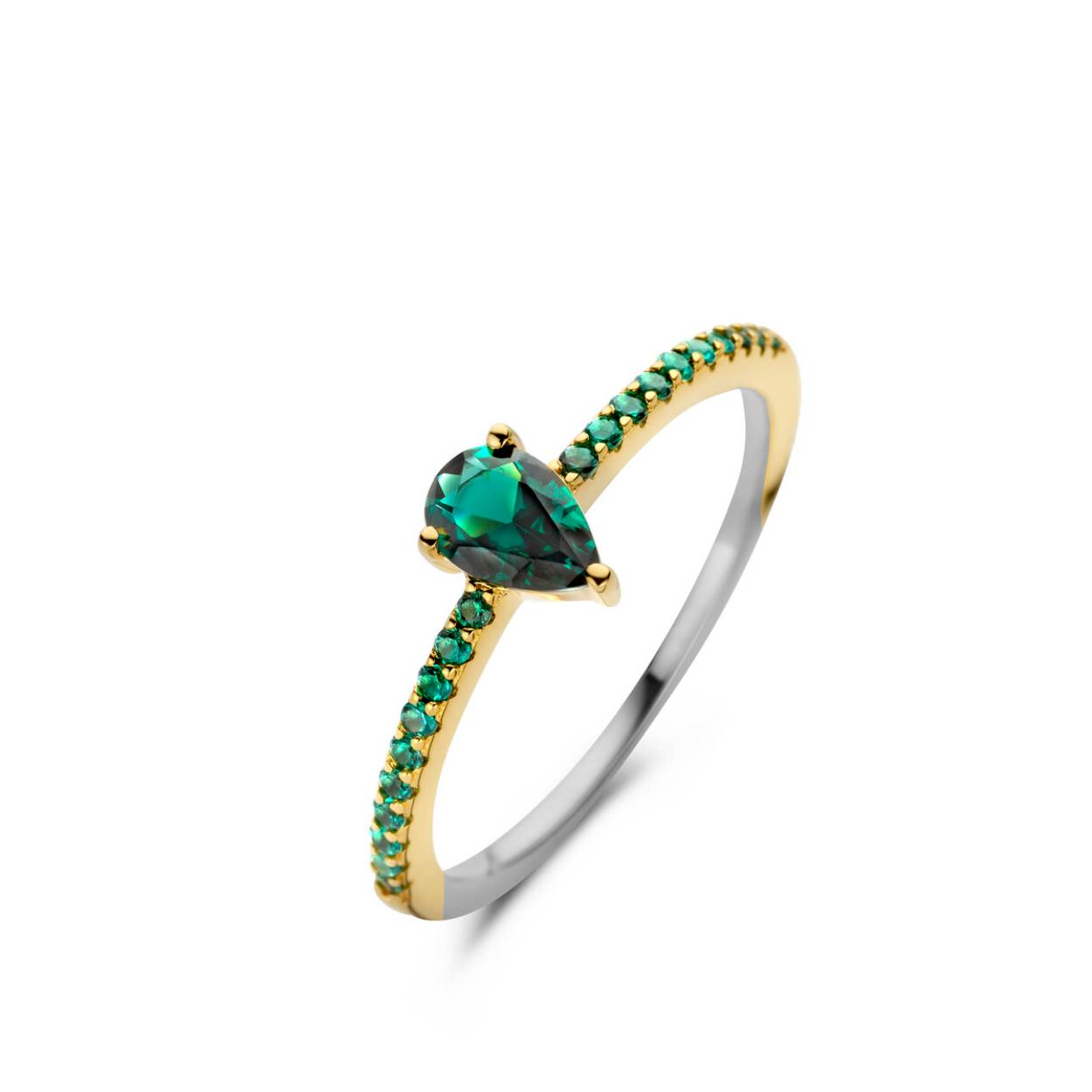 Zilveren geel vergulde ring + groene zirconia Naiomy