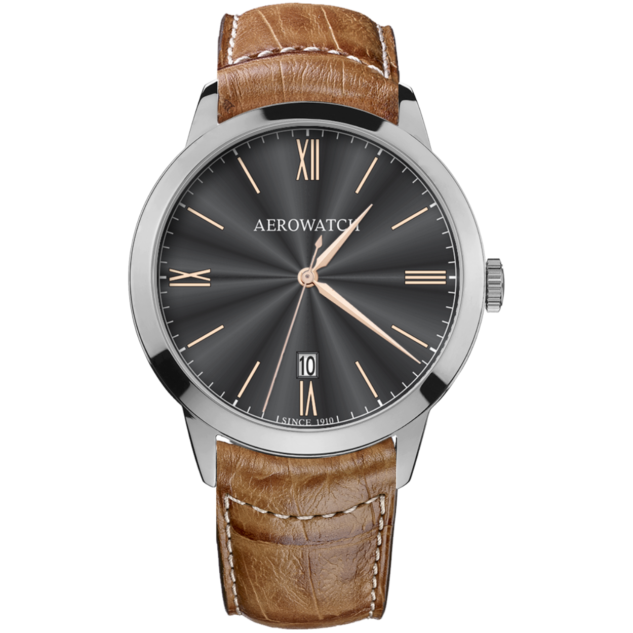 Dit mooie Aerowatch horloge behoort tot de Les Grande Classique lijn van Aerowatch en is voorzien van een Zwitsers Quartz uurwerk met een Cognac kleurige ledere Band, een grijze wijzerplaat en rosekleurige Indexen. Het horloge is 5 ATM en voorzien van een Saffier glas