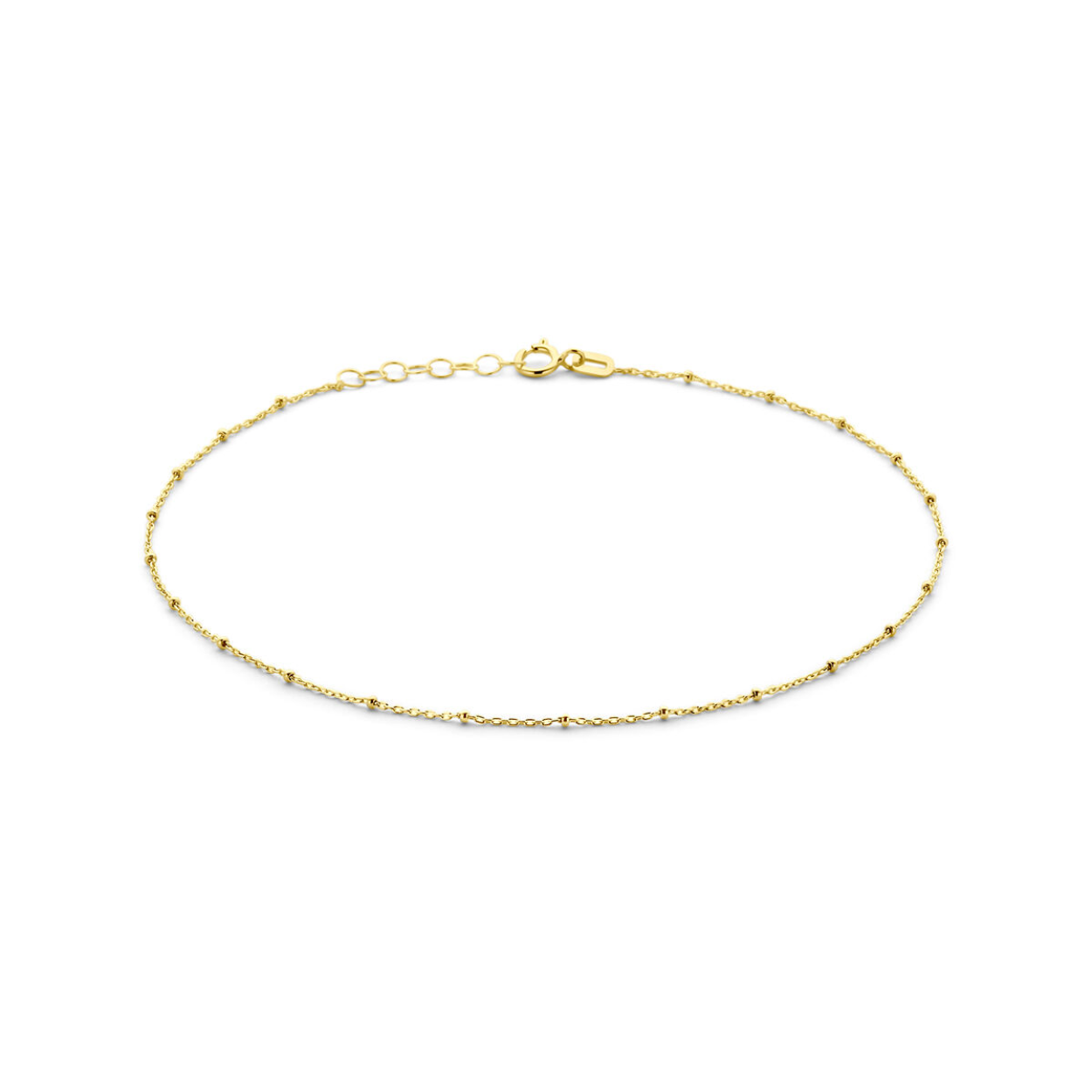 4031295
Geelgouden enkelbandje uitgevoerd met bolletjes met een draaglengte van 24cm met een extensie van 2cm. De schakelbreedte is 1.3mm.