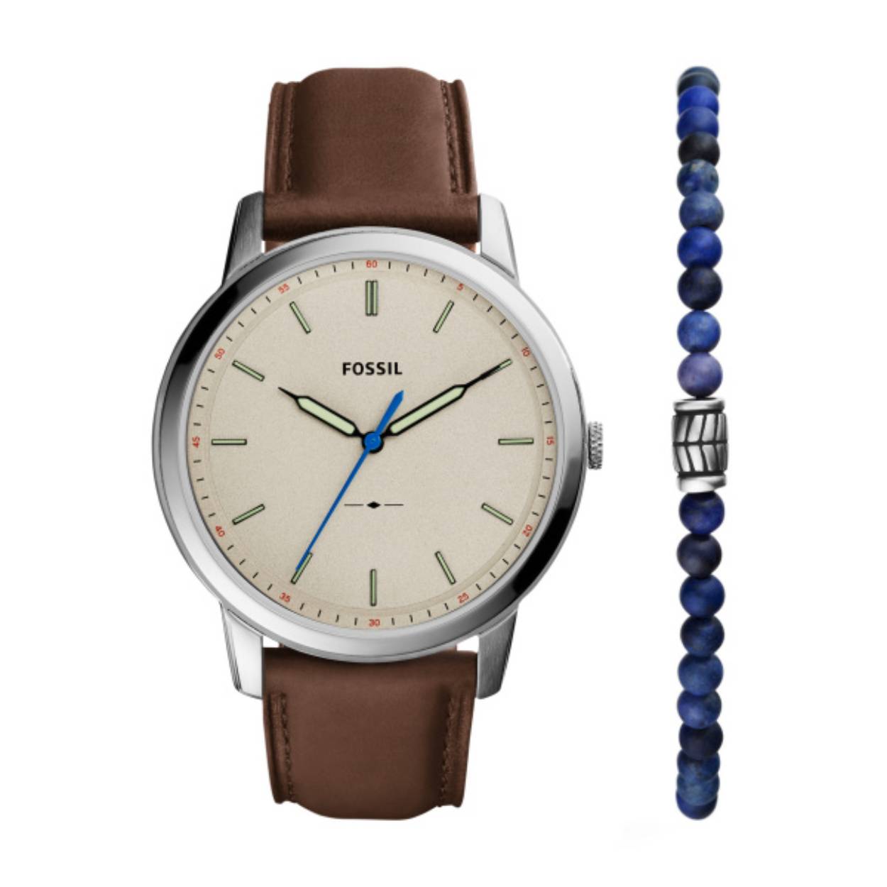 Minimalistische set van bruin eco-leer met drie wijzers en armband.