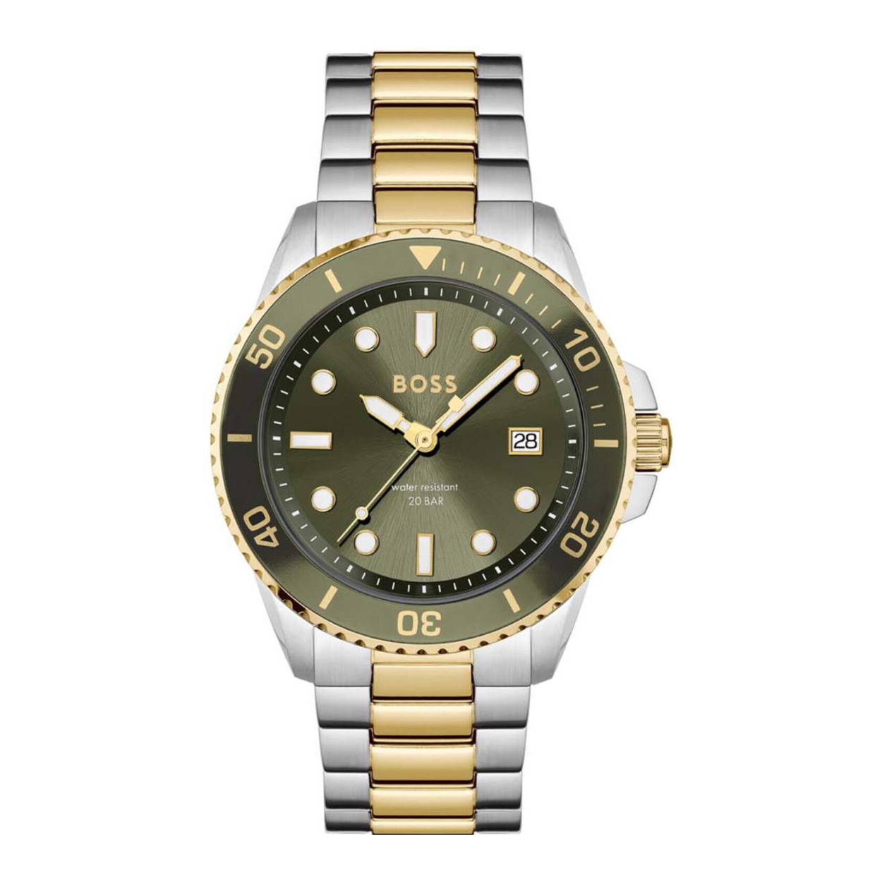 BOSS HB1514011 ACE 43mm 
Dit BOSS horloge uit de Ace serie met artikelnr: HB1514011 heeft een sportief stoere uitstraling. Het herenhorloge valt op door zijn zilverkleurige stalen horlogekast met een bedrukte zwarte bezel en een groene wijzerplaat met goudkleurige accenten en een datum. De wijzers en de uren zijn met lumibrite ingelegd en dat geeft een sportief geheel. Aan de kast zit een bi-color stalen schakelband met een vouwsluiting. De kast van het horloge heeft een doorsnee van 43mm met mineraalglas en is 20 ATM. 

HET MERK:
HUGO BOSS is afgestemd op levensstijlen waar het gaat om kwaliteit en precisie. Het wereldwijde fashionlabel is verdeeld in twee merken: BOSS en HUGO. Het merk BOSS biedt geavanceerde, moderne horloges gericht op kwaliteit en design om een onberispelijke look te creëren – of het nu zakelijk, casual of sportief is. De horloge collectie van BOSS is perfect afgestemd op levensstijlen waar het gaat om kwaliteit en precisie. BOSS is op maat gemaakt in een onberispelijke stijl.

Blijf stijlvol bij de tijd. Voor de BOSS-vrouw is stijl het handelsmerk en draait alles om
details. Breng uw look naar een hoger niveau met onze nieuwe en kenmerkende horlogecollectie.

SPECIFICATIES:
- Mineraalglas
- Ronde kastvorm, Ø 43mm
- Zilverkleurige stalen horlogekast
- Groene wijzerplaat
- Bi-color schakelband