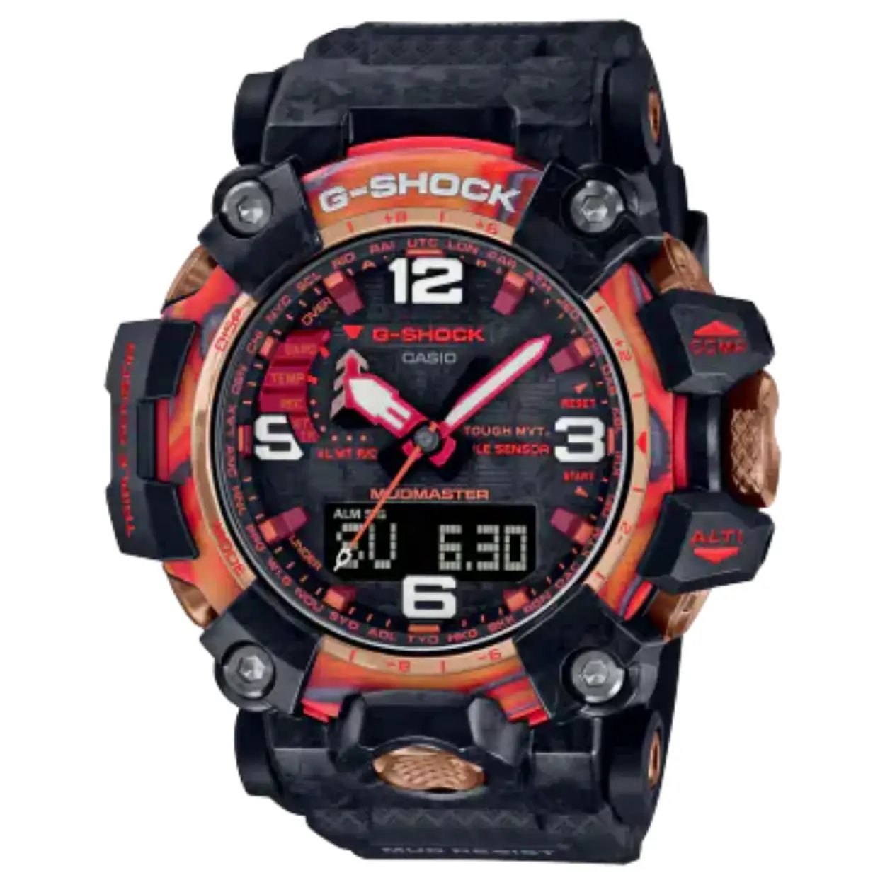 Casio horloge. Maak kennis met de G-SHOCK 40th Anniversary Flare Red - een explosie van vurige kleuren in twee limited edition horloges ter ere van de 40e verjaardag sinds het G-SHOCK-debuut in 1983. Een veelkleurige rand met koolstofinlay, gemaakt van lagen koolstof- en glasvezelplaten met lichtgevende deeltjes, verwijst naar de enorme explosieve kracht van het oppervlak van de zon met als resultaat een horloge dat straalt van glow-in-the-dark pracht. Individueel en uniek vormgegeven. GWG-2040FR-1AER