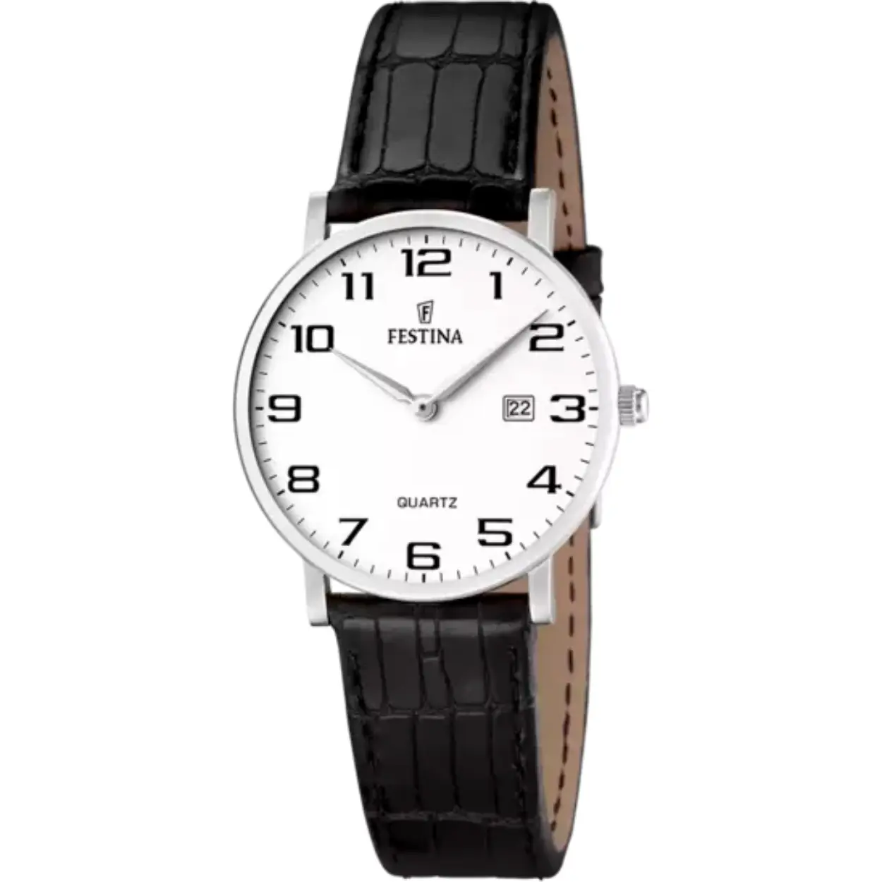 Damesuurwerk van Festina uit de 'classics' collectie
Zwarte lederen band
Stalen kast
Witte wijzerplaat met duidelijke cijfers en datumaanduiding
Waterdichtheid: 3 ATM (spatwaterdicht)