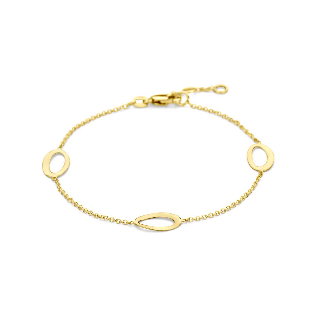 14k Geelgouden armband uitgevoerd met ovale elementen en een karabijn sluiting. De armband heeft draaglengtes van 16.5, 17.5 en 18.5cm. De schakelbreedte is 1.2mm.