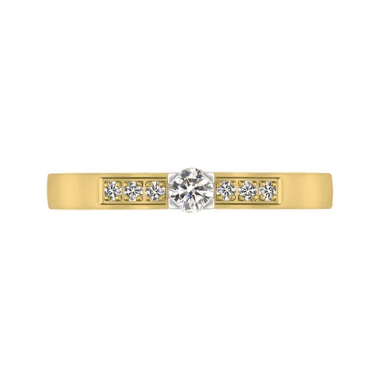 14k geelgouden ring met briljant.
In het midden is een briljant geplaatst van 0.12 karaat en aan beide zijden 3 briljanten van elk 0.01 karaat.