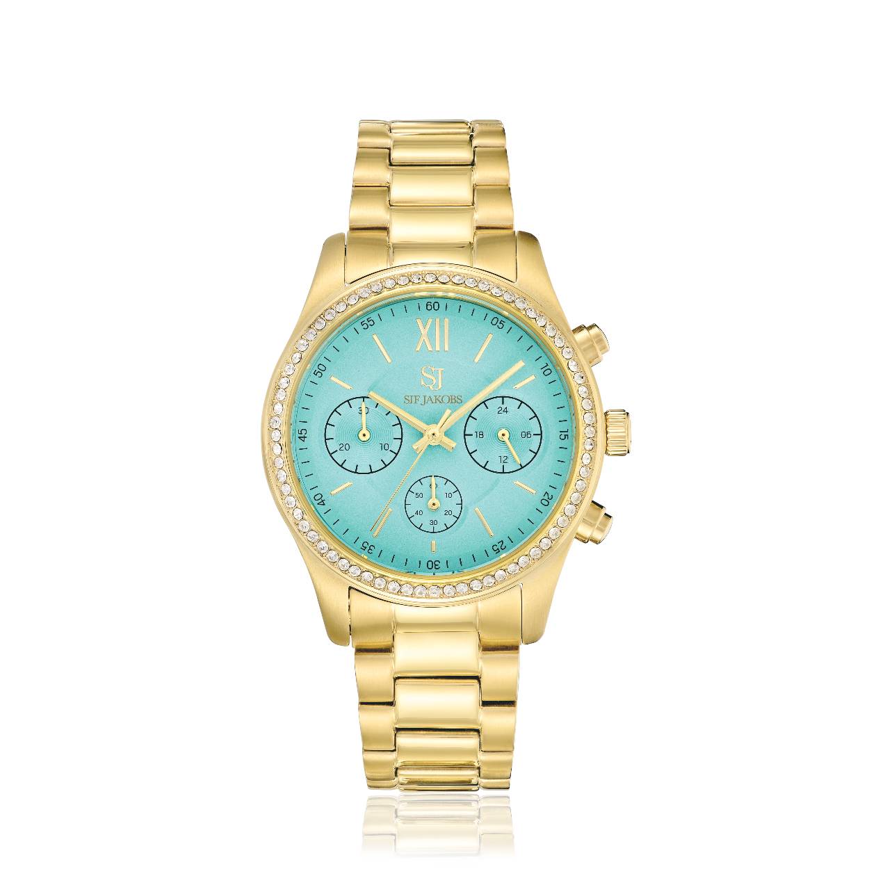Sif Jakobs Watch 'Domenica' SJ-W2403-CZ-YG
uitgevoerd in verguld staal met een opvallende turqoise wijzerplaat omringd met fonkelende zirkonia's.
Combineer met de andere sieraden uit de collectie en maak je look compleet!