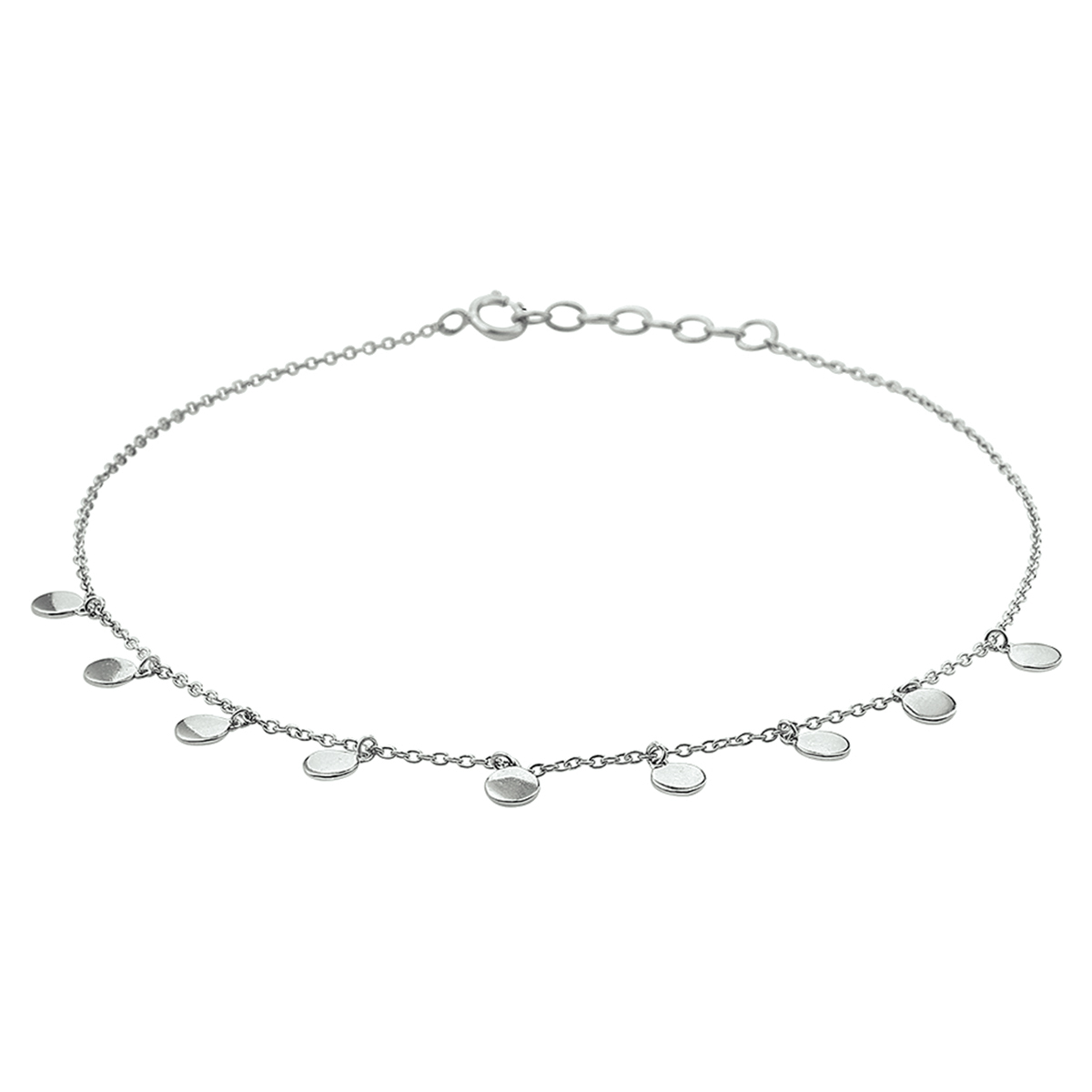 Trendy gerhodineerd zilveren enkelbandje uitgevoerd met ronde hangers van 4.3mm in diameter. Met een draaglengte van 24cm en een extensie van 2cm. Het enkelbandje is te combineren met bijpassende sieraden uit onze collectie. Info: Gerhodineerd zilver is door de rhodiumlaag beter bestand tegen verkleuren en krassen. 
Kortste lengte: 24 cm
Langste lengte: 26 cm