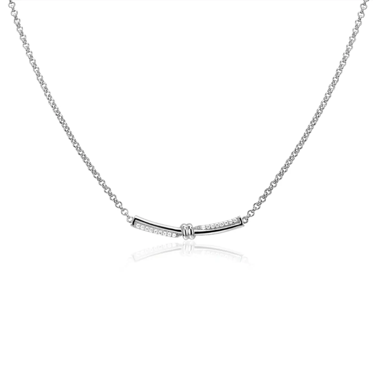 ZINZI zilveren jasseron schakelketting met luxe twist hanger met knoop. Speels bezet met witte zirkonia's. De lengte van de ketting is te variëren tussen de 42cm en 45cm. De ketting is vervaardigd van eerste gehalte zilver (925) en voorzien van een extra rodiumlaag voor een langdurige glans.