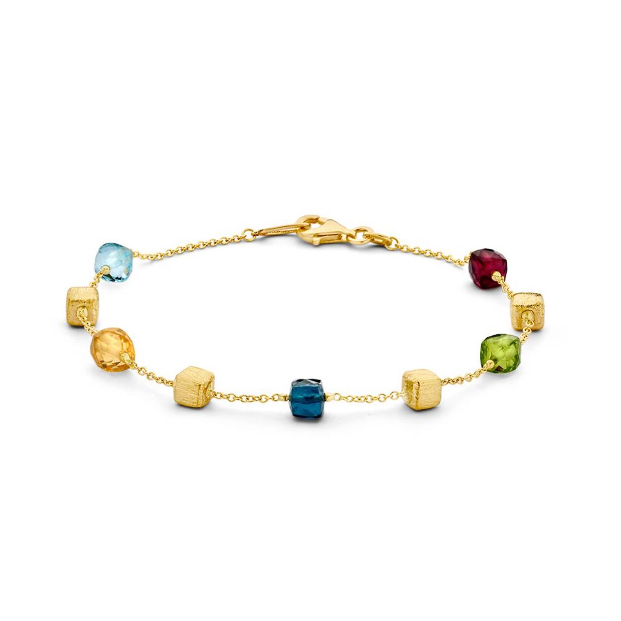 gouden armband, blokjes+ vk kleurstenen