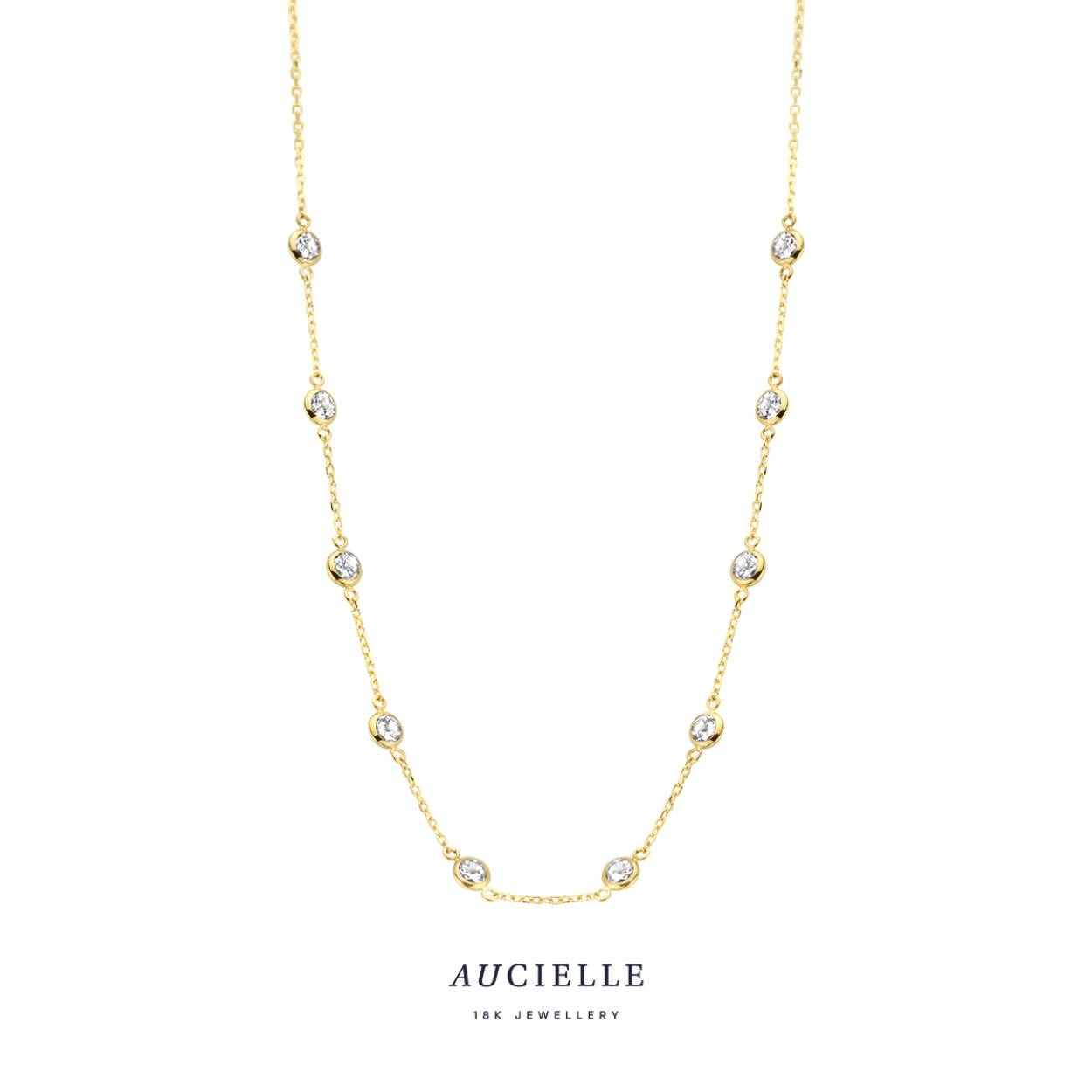 18 kt gouden ketting met zirkonium van het merk Aucielle
Maat: 45 cm
Bijhorende armband ook verkrijgbaar