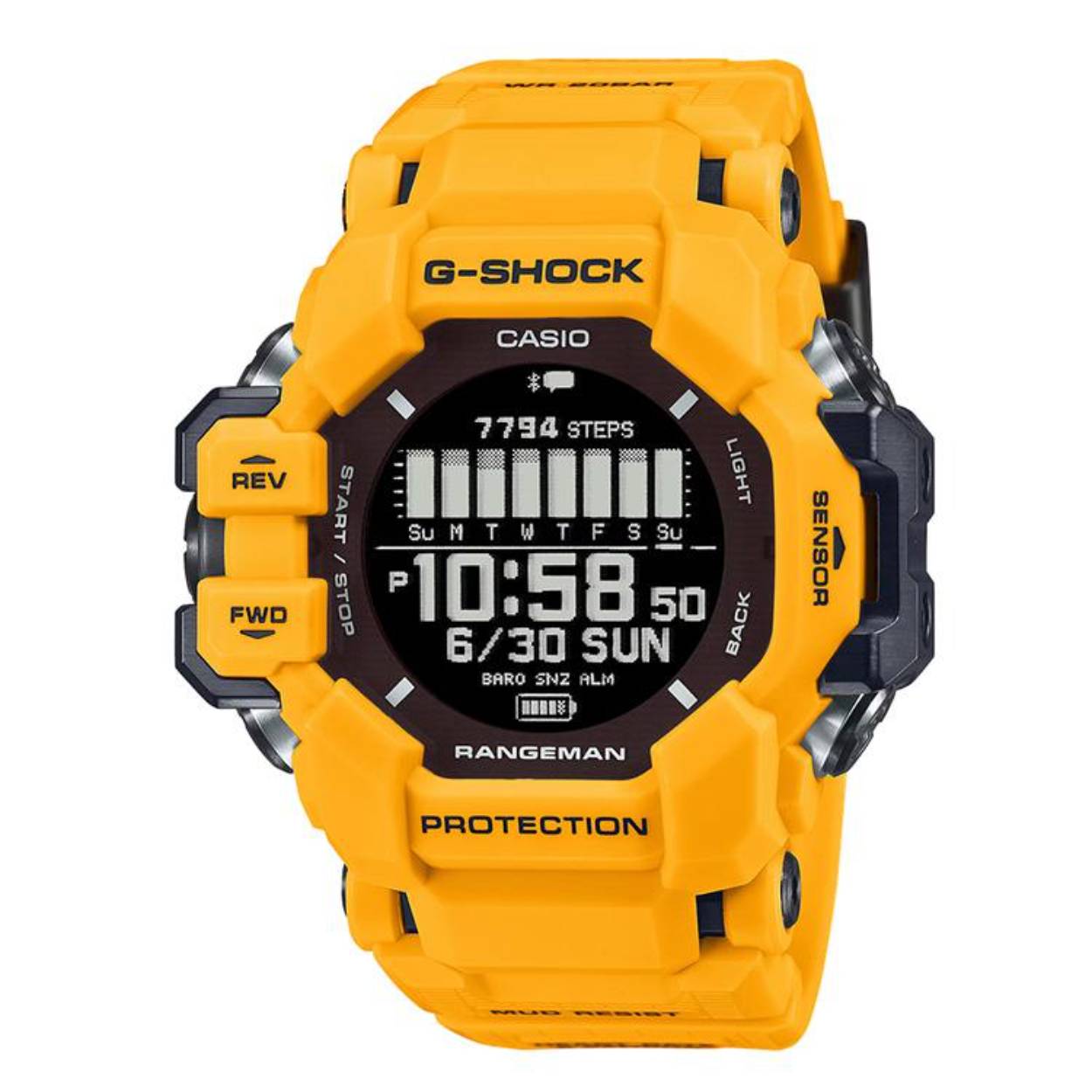 Verken uitdagend terrein met een betrouwbaar horloge dat net zo sterk is als jij!
De RANGEMAN GPR-H1000 uit de MASTER OF G-serie is speciaal ontworpen voor gebruik in extreme buitenomstandigheden. Dankzij de vuilafstotende structuur behoudt het horloge zijn prestaties in omgevingen met fijn stof en vuil en trotseert het zelfs ongunstige weersomstandigheden - perfect voor iedereen die graag buiten is.

Deze krachtige G-SHOCK heeft een geïntegreerde hartslagmeter, GPS-functie en een contrastrijk, goed afleesbaar LCD-display met Memory-in-Pixel (MIP)-technologie. De behuizing is uitgerust voor alle avonturen, want hij wordt beschermd door grote metalen onderdelen aan de zijkanten, die zowel de GPS-antenne als de zes interne sensoren afschermen.

Terwijl de trekking functie je hartslag en trainingsvoortgang meet, kun je je watersportactiviteiten optimaal plannen met de getijdengrafiek. Het beste van alles is dat al deze handige functies niet ten koste gaan van het comfort. De zachte urethaan band voelt comfortabel aan en is gemakkelijk te sluiten, zelfs met natte vingers.

De kast, bezel en band zijn gemaakt van bio-based hars, een duurzame materiaalkeuze. Het silhouet van een wilde kat dat op het bandje is gegraveerd benadrukt de RANGEMAN spirit van de MASTER OF G-serie. Maak je klaar, je volgende uitdaging wacht!