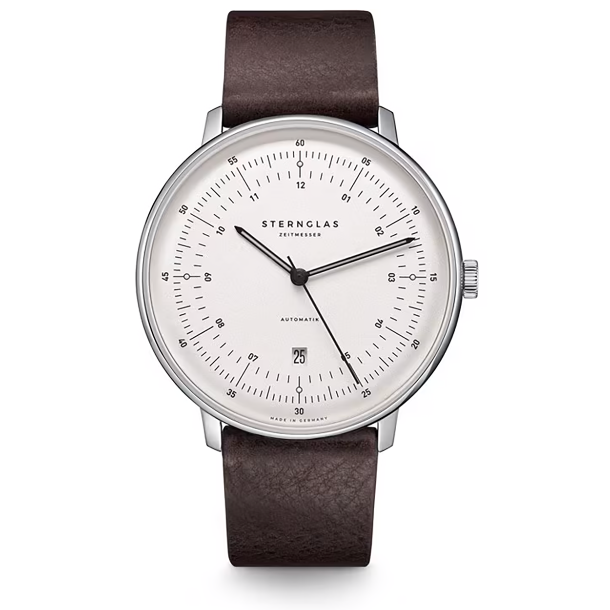 Sternglas S02-HH10-VI11 HAMBURG AUTOMATIK Heren Horloge

- Behuizing gemaakt van staal, in de kleur zilver
- Horlogeband gemaakt van leer, in de kleur donkerbruin, met gesp
- Automatisch uurwerk
- Datum weergave
- Voorzien van saffierglas, zeer hard en vrijwel krasvrij
- 5 ATM waterdicht, geschikt om mee te douchen.
- Breedte van de behuizing is 42 mm
- Dikte van de behuizing is 12 mm