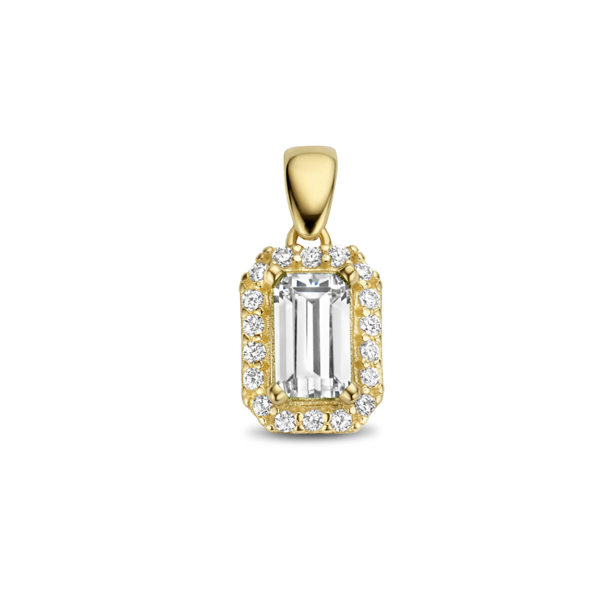 14k Geelgouden hanger uitgevoerd met schitterende zirkonia. De hanger heeft totale hoogte van 1.2cm.