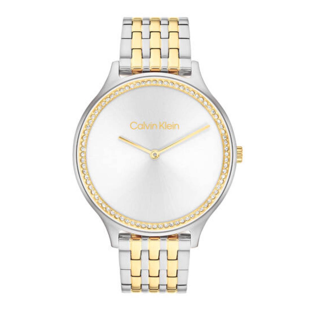 Dit Calvin Klein horloge behoort tot de Timeless collectie.
Referentienummer: 25100002

Dit tijdloze horloge heeft een bicolor stalen band en kast. De witte wijzerplaat is door gouden indexen en wijzers goed afleesbaar. De goudkleurige bezel is afgewerkt met zirkonia's. Het horloge is waterbestendig tot 3 atm en wordt afgeschermd door mineraalglas.