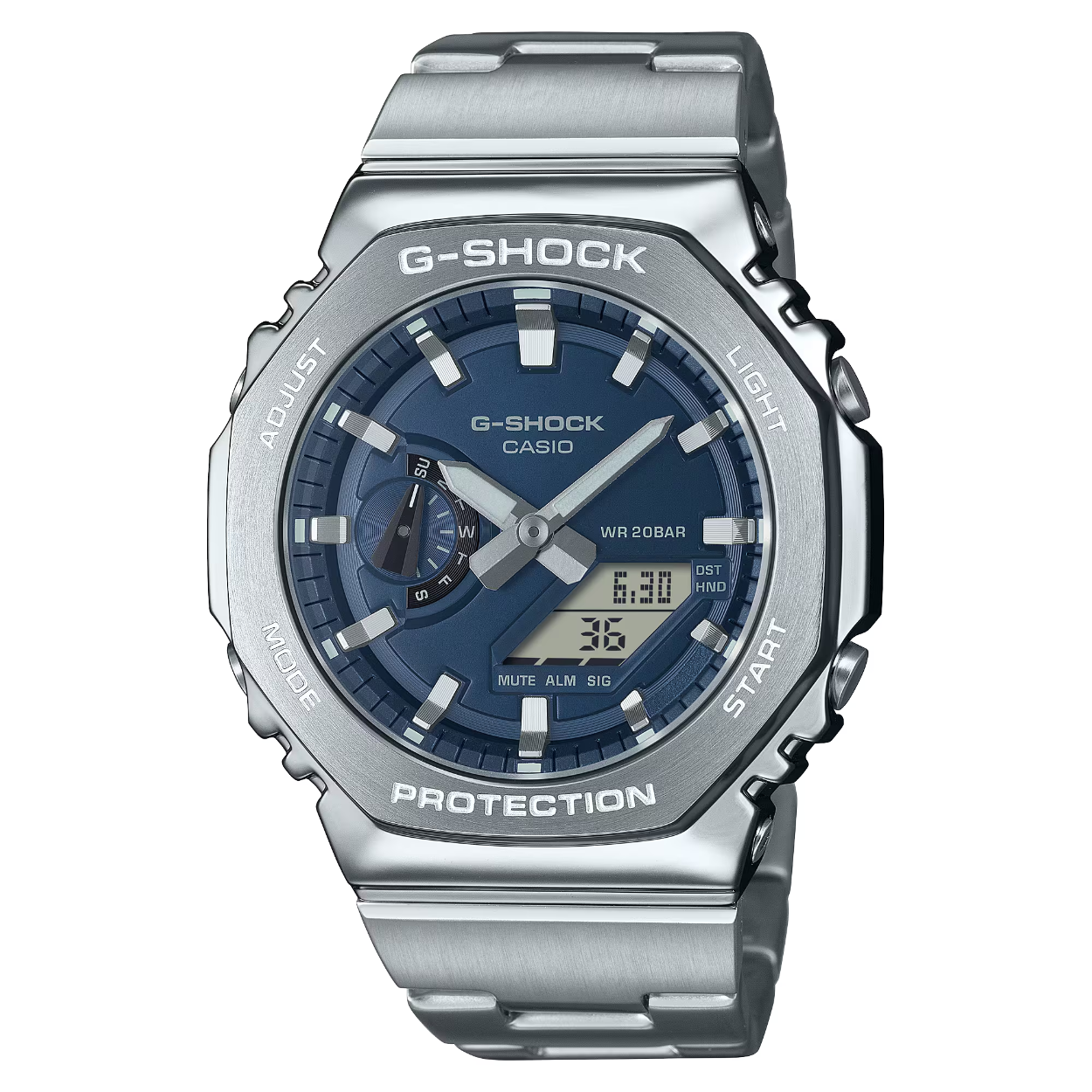 Maak kennis met de GM-2110D, een analoog-digitale combinatie van G-STEEL op basis van de GA-2100, nu met een stijlvolle update van de metalen rand en band. 

De uniforme achthoekige roestvrijstalen rand is zorgvuldig gesmeed en gepolijst en omsluit een eenvoudig ontwerp zonder poespas met een verfijnde, maar stoere uitstraling. De kast met hoge stijfheid is van fijnhars en versterkt met glasvezel, en is de dunste van alle G-SHOCK-combinatiemodellen, met slechts 11,8 mm.

De metalen band, samen met de frisse kleur van de wijzerplaat in metallic messing, kan alles aan; werk of ontspanning. 

Je kunt kiezen uit hemelsblauw, oranje of limoengroen, naast de klassieke kleuren marineblauw en zilver. En dat alles met dubbel ledlicht met hoge helderheid, zodat je zelfs in het donker goed kunt lezen.
