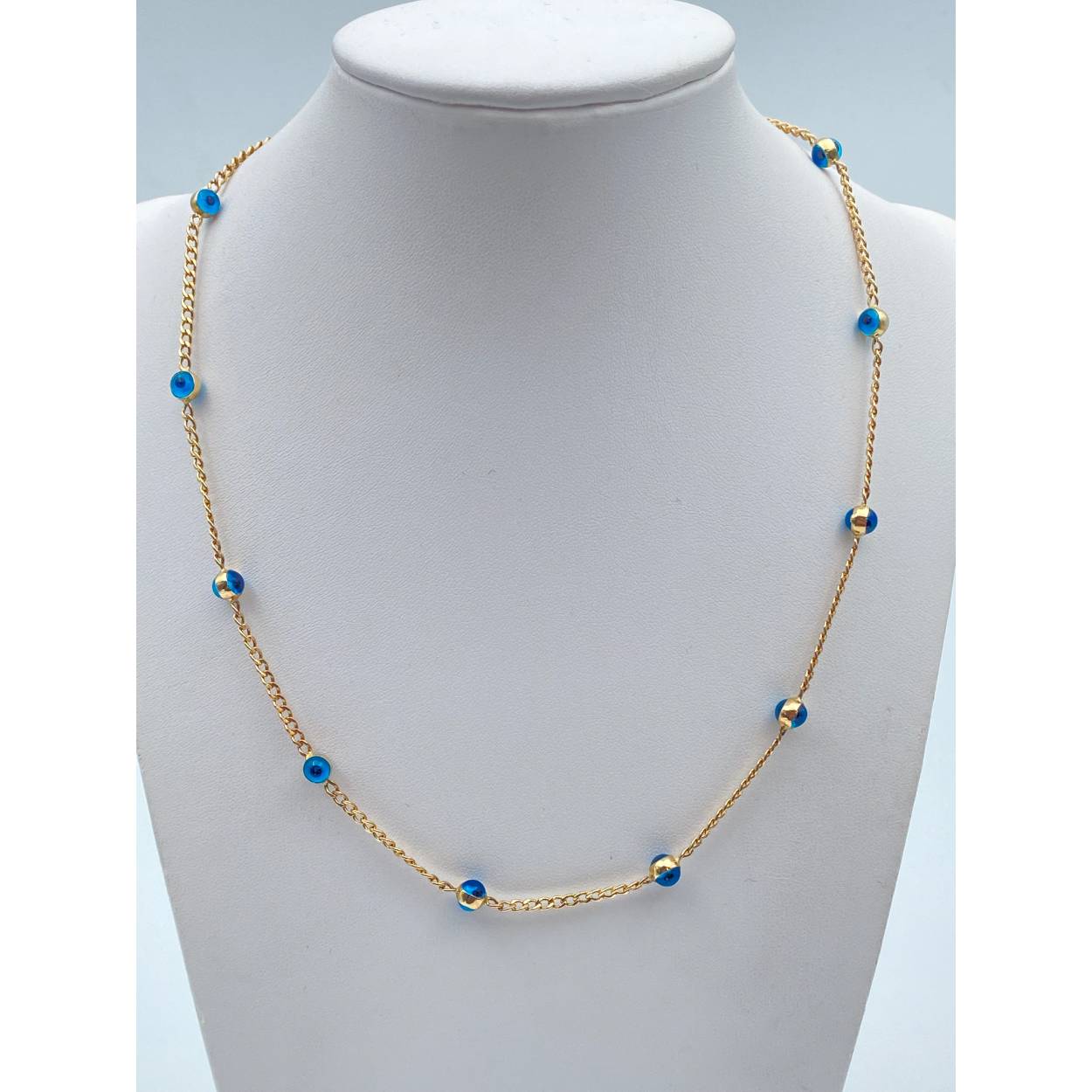 Geel gouden collier gourmet schakel met Nazar oogjes. 
