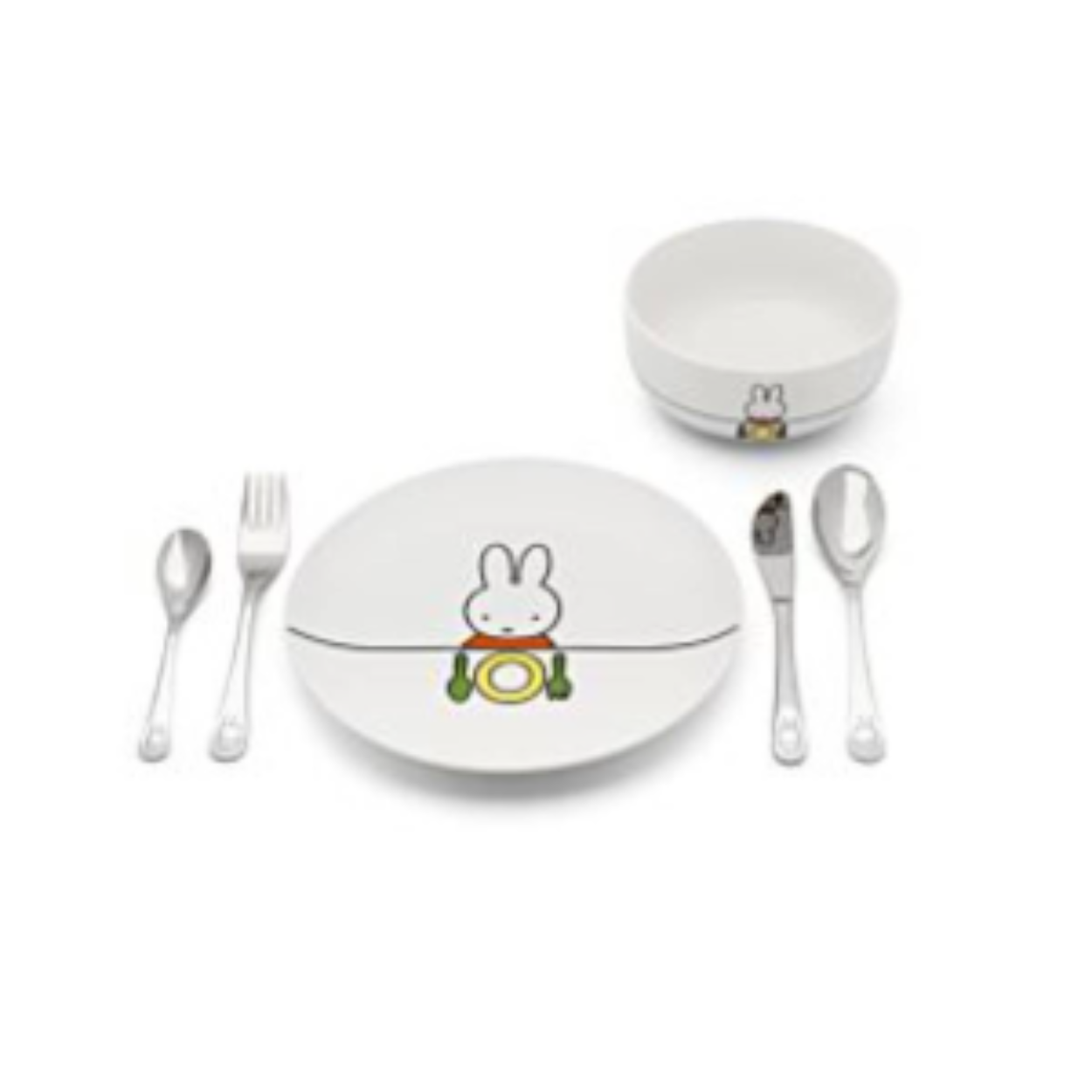 6-delig nijntje servies met porseleinen bord en beker en stalen bestek.
Bij aankoop in de winkel wordt het bestek gratis gegraveerd met naam of datum terwijl u wacht!