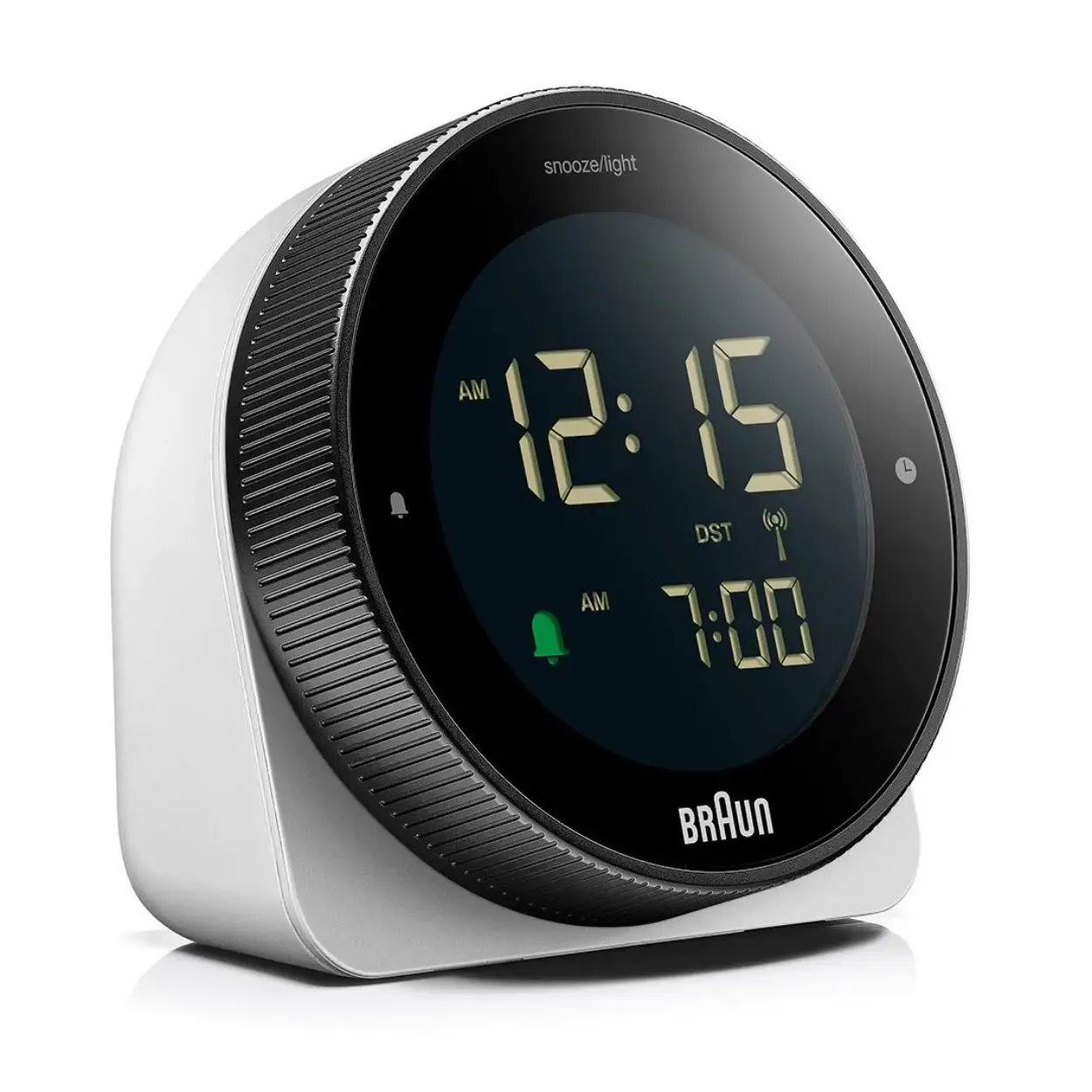 Braun Digital Radio Controlled Alarm Clock For Central European Time Zone (DCF) with Snooze, Reverse LCD Display, Rotating bezel for quick time setting, Crescendo Beep Alarm in Black, model BC24W-DCF