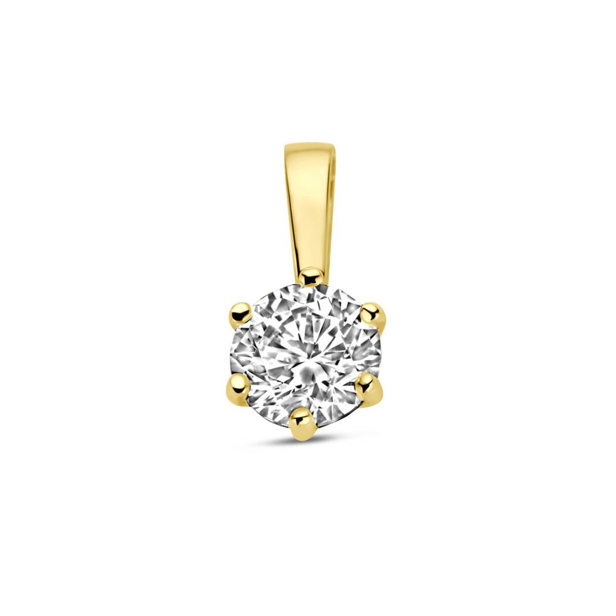 14k Geelgouden hanger uitgevoerd met een schitterende zirkonia. De hanger heeft een afmeting van 9x4.5mm.
