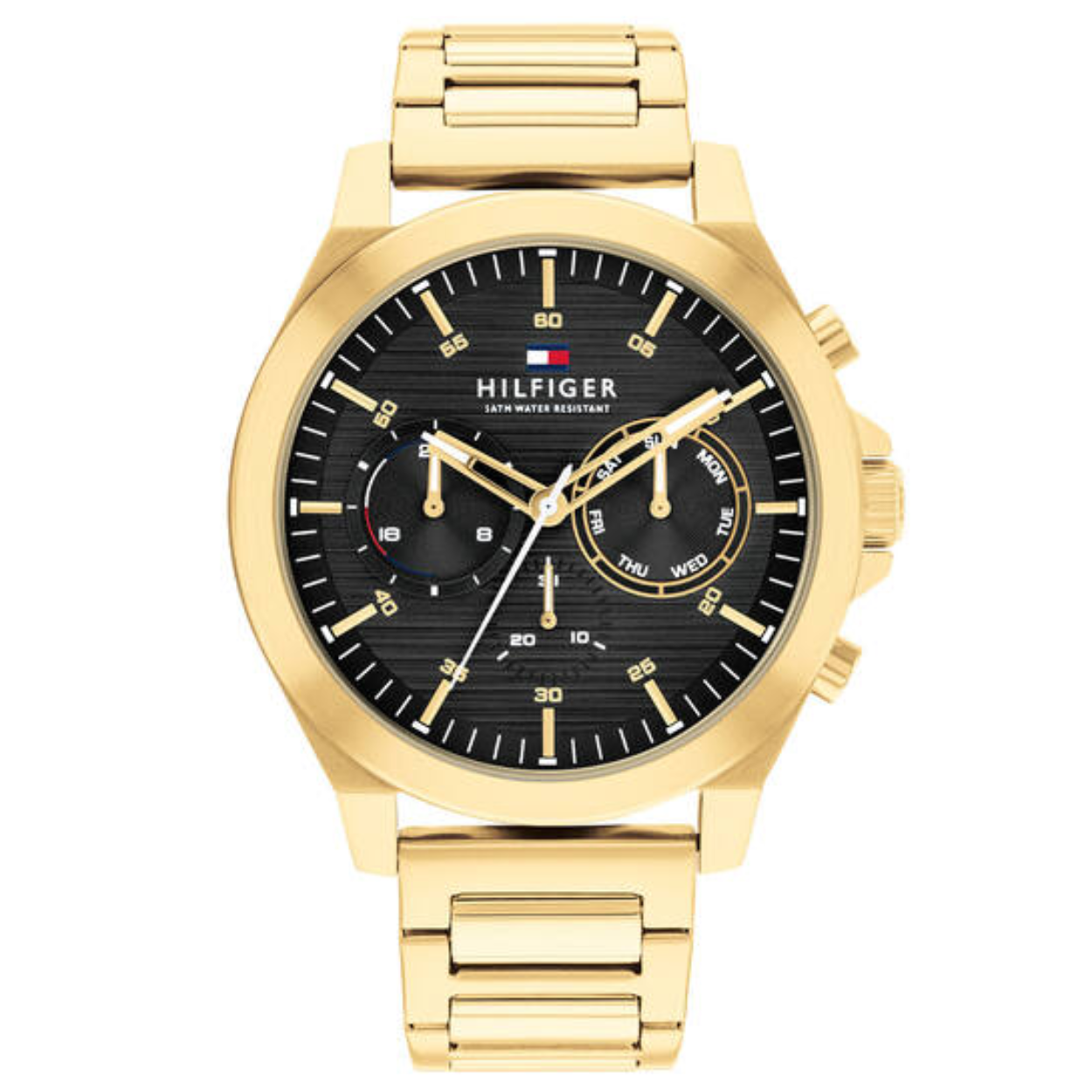 Tommy Hilfiger TH1710520 Horloge Heren Staal Goudkleurig 46mm
Dit specifieke horloge van Tommy Hilfiger met artikelnr: TH1710520 is een strak stoer herenhorloge die zeker in je collectie past. Het stalen matte herenhorloge heeft een ronde strakke goudkleurige kast met een zwarte horizontaal bewerkte wijzerplaat met dag,- datum,- en 24-uurs aanduiding. Aan de kast zit een goudkleurige geschuurde stalen band met een vouwsluiting. De band is op lengte verstelbaar. Het horloge heeft een mineraalglas, een doorsnee van 46mm en is 5 ATM.  

Het merk:
Sinds de lancering van het merk in 1985 is Tommy Hilfiger wereldwijd bekend geworden als pionier van de klassieke Amerikaanse coole stijl. Geïnspireerd door de iconische popcultuur en het Amerikaanse erfgoed. De dames en herencollectie van dit seizoen bestaan uit minimalistische silhouetten en rustieke lederen details. De herenhorlogecollectie biedt iconische uurwerken met roestvrijstalen, lederen en siliconen banden.

Specificaties:
- Mineraalglas
- Ronde kast 46mm
- Goudkleurige horlogekast
- Zwarte wijzerplaat
- Goudkleurige schakel band 
- 5 ATM