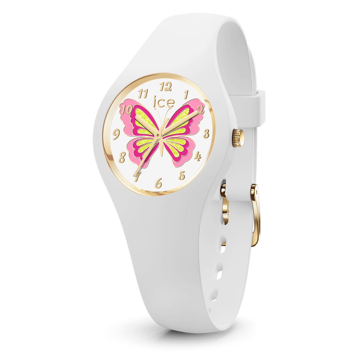 De ICE fantasia - Butterfly Lily brengt een dosis fun en magie naar je pols! Dit kleine witte horloge heeft een mooie kleurrijke vlinder omringd door gouden handgeschreven cijfertjes, een absolute topper voor je kinderen.