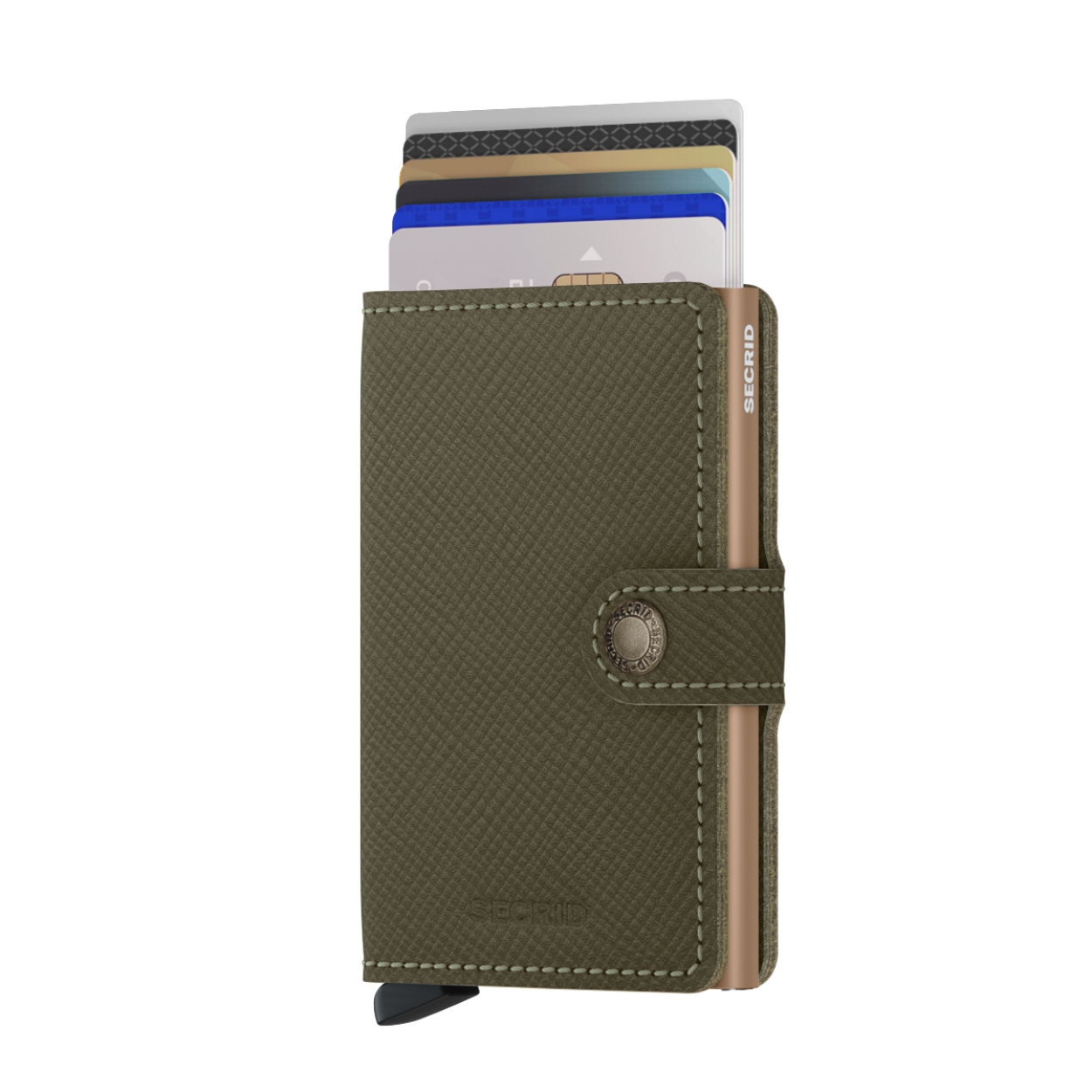 Saffiano
Deze iconische diagonale diepdrukstructuur is door haar tijdloze uitstraling en lange levensduur al decennialang een favoriete afwerking voor luxe lederwaren. Het oppervlak voelt aangenaam, is zeer krasbestendig en wordt gewaardeerd door zowel mannen als vrouwen.

Saffiano is gecorrigeerd leer, gemaakt in Nederland van Europese runderhuiden. 
Draagt
4 verdikte of 6 platte kaarten
6 extra kaarten
Bankbiljetten
Visitekaartjes
Bonnetjes
Afmetingen en gewicht
68 x 102 x 16 mm