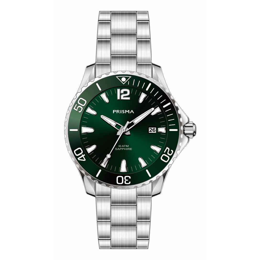 De Prisma P.1491 Diver Luminous Groen is een horloge waar de look van edelstaal gecombineerd wordt met een kleurrijke wijzerplaat en bezel. Van een subtiele blauwe gloed tot een sterke groene kleur. Het glas is gemaakt van krasvast saffierglas. Dit maakt het horloge ook geschikt voor activiteiten in en rondom het water. Daarnaast is het horloge geschikt tot 10 ATM. De Diver Luminous collectie bestaat uit een zwart, blauw en groen model.