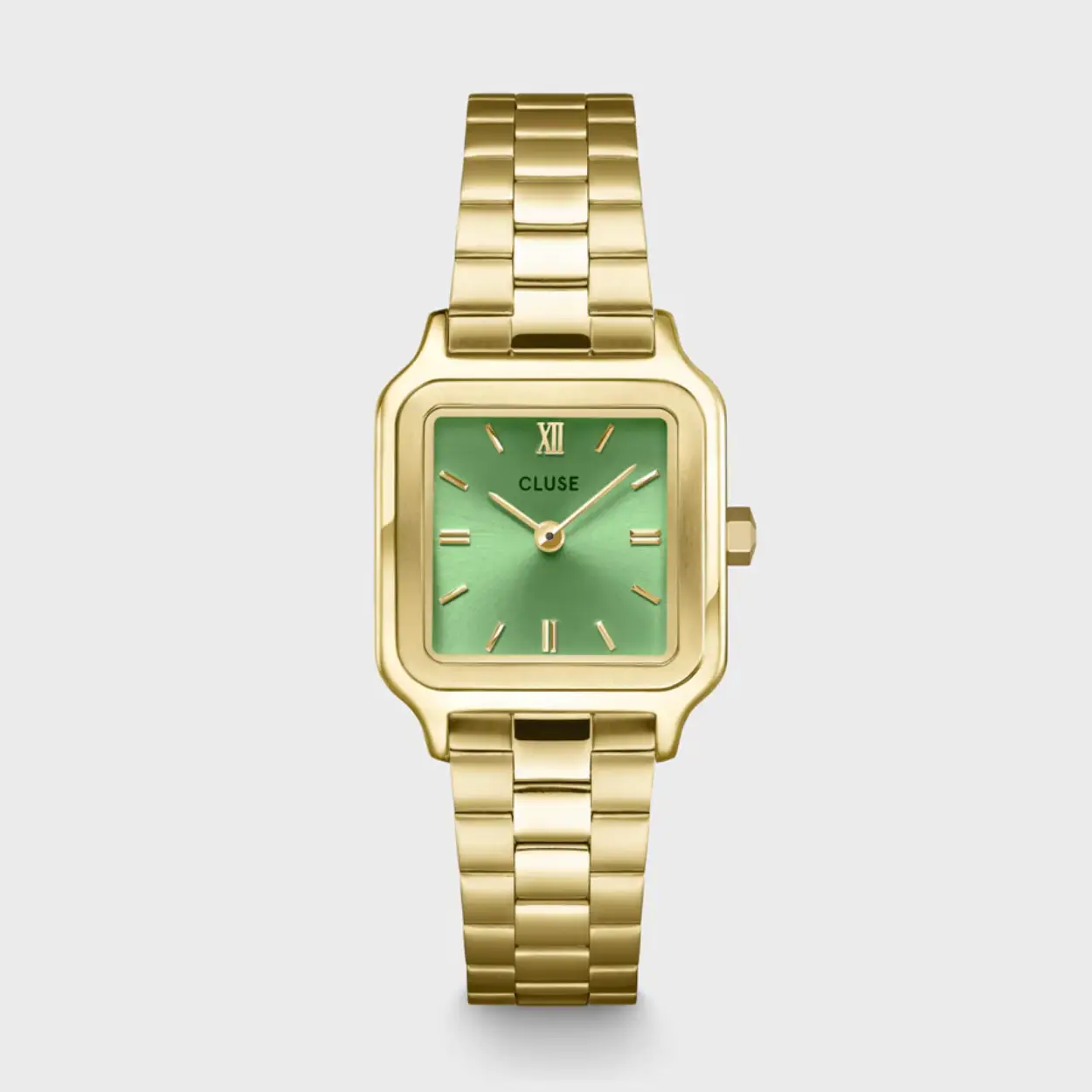 Voeg een gevoel van luxe en verfijning toe aan je look met het Gracieuse Petite dameshorloge. Met een vierkante goudkleurige horlogekast van 24 mm, een lichtgroene wijzerplaat en een roestvrijstalen horlogebandje van 14 mm. Pas makkelijk de look van je horloge aan met elk horlogebandje van 14 mm.