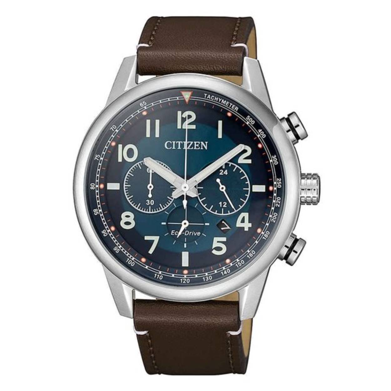 Dit eco-drive horloge van het merk Citizen is een prachtig horloge. Het horloge heeft een kast gemaakt van staal en een bruine band gemaakt van leder. Met de functie: Stopfunctie