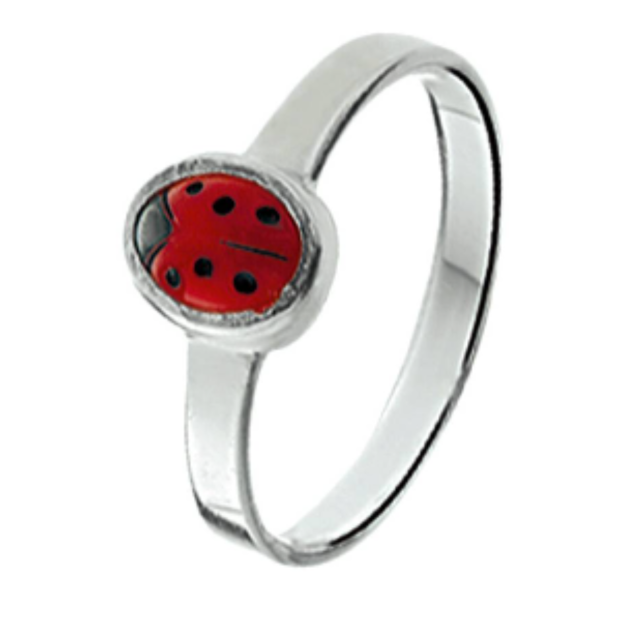 Gerhodineerd zilveren ring van 4mm breed uitgevoerd met een lieveheersbeestje.
