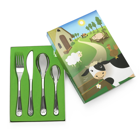 Kindercouvert Boerderijdieren4-delig bestaat uit vork, mes, eetleper en een desertlepel. De 4-delige roestvrijstalen kinderbestek wordt geleverd in een mooie geschenkdoos.