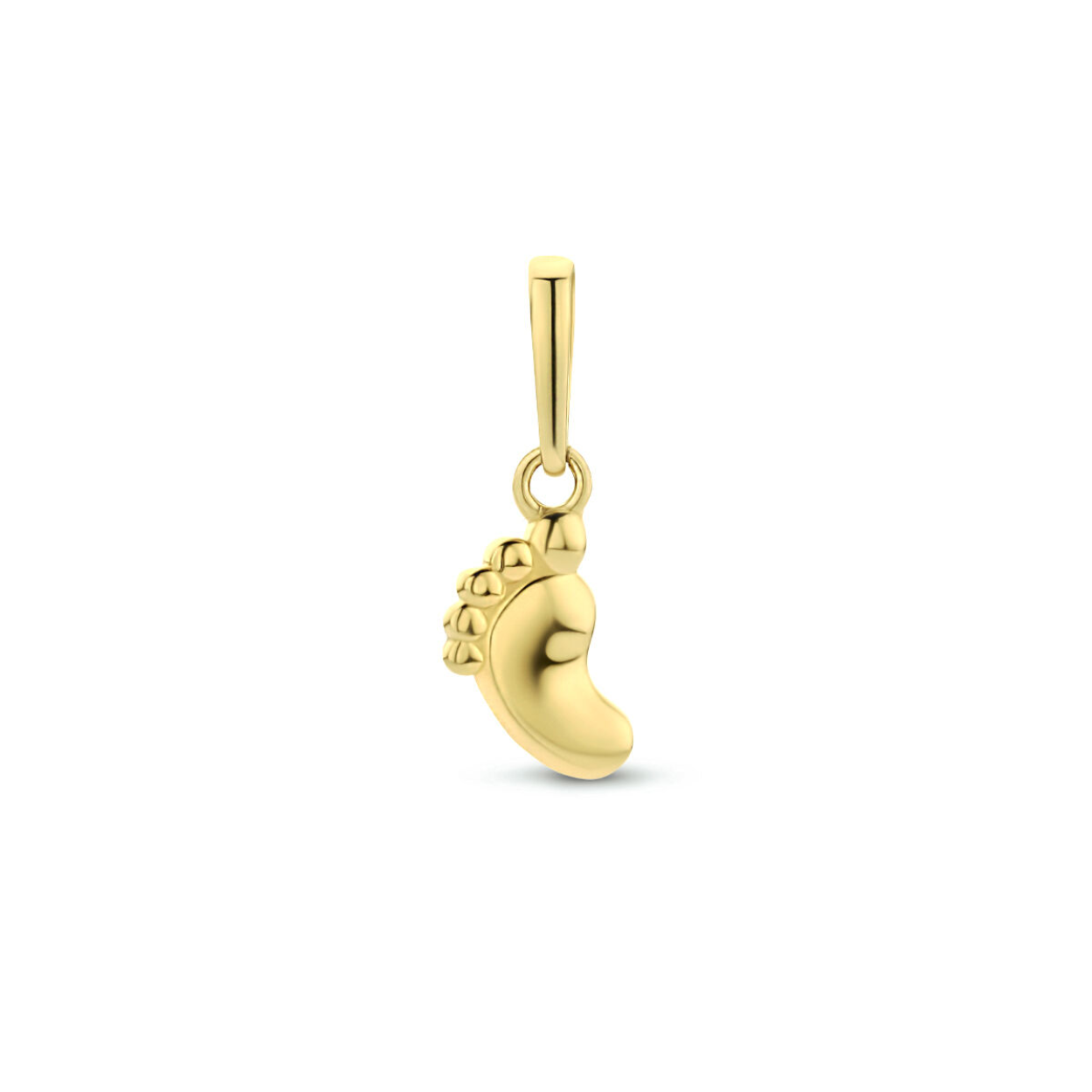 14k Geelgouden hanger in de vorm van een voetje. De hanger heeft een totaal hoogte van13 mm.