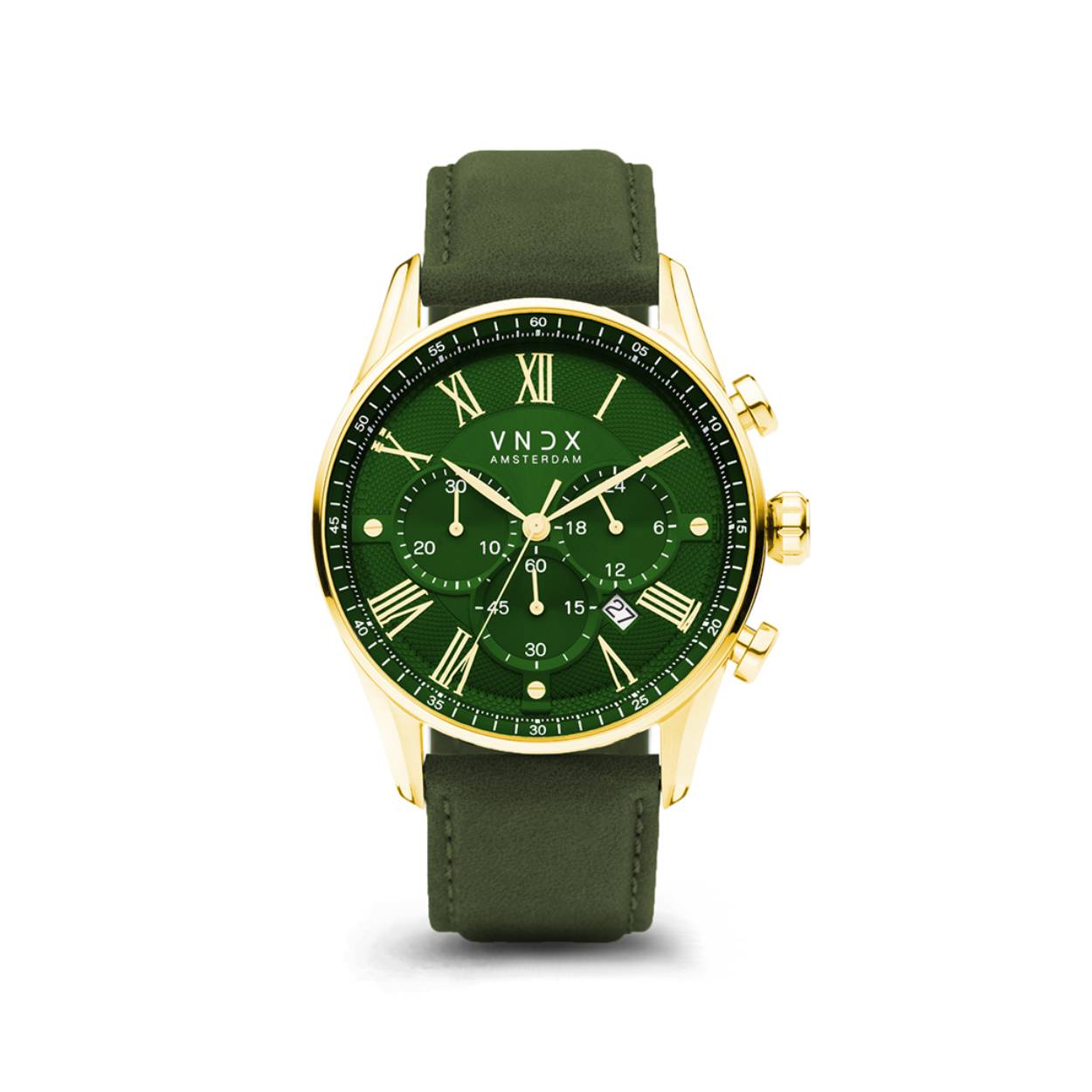 The Boss Goud, een stijlvol en tijdloos horloge voor iedere gelegenheid. De solide goudkleurige stalen kast is tot in de details gevuld met de wijzerplaat. Met zijn diameter van 45 mm is deze ‘Boss’ voorzien van verschillende functies. Aangedreven door een krachtige chronograaf.

De groen getinte wijzerplaat is voorzien van een stopwatch, een datum aanduiding en een 24-uurs klok. Zo is The Boss net als zijn naam een allrounder. Door zijn tijdloze Romeinse index, straalt de klasse ervan af.

De sterk lederen groene band sluit zich perfect aan op de pols, middels de gesp is het horloge eenvoudig op maat te dragen. Zo neem jij samen met The Boss de controle over je leven.

Wandel je eigen weg, sta achter je eigen keuzes en vertrouw dat de tijd zal leren. Het is nooit te laat om je eigen baas te zijn!