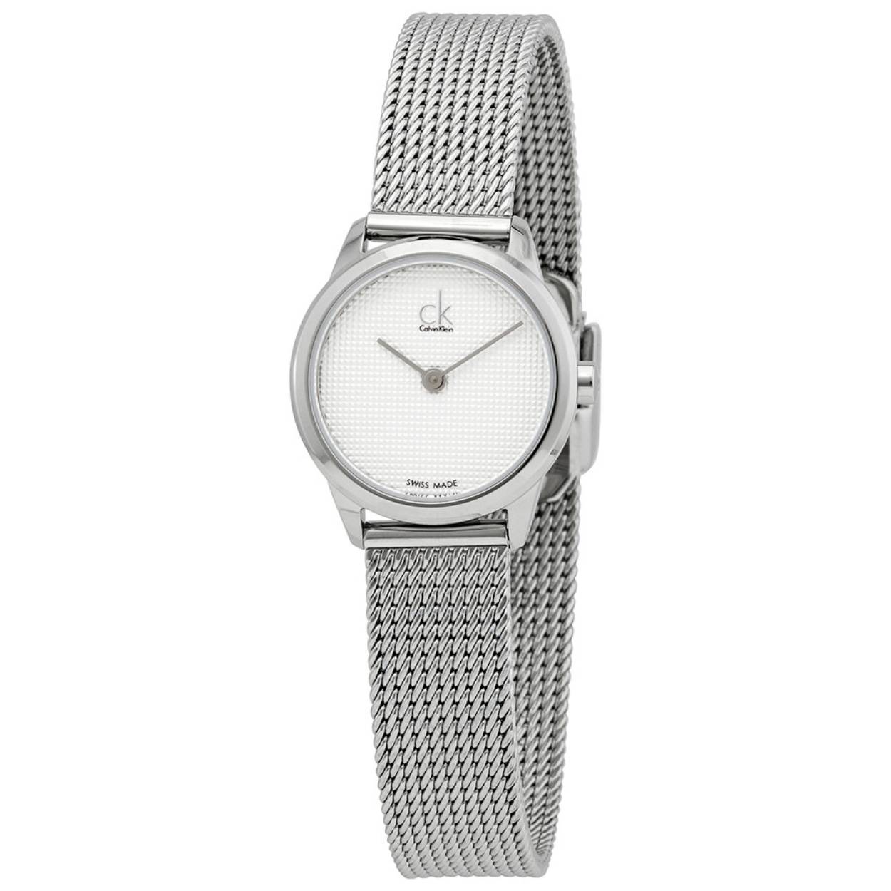 Calvin Klein dameshorloge, analoog. Swiss Made. Milanees band. Ronde stalen kast met een lichte wijzerplaat