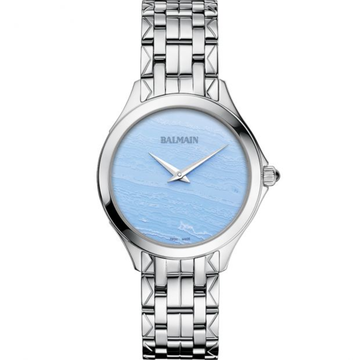Vrouwenhorloge van het merk Balmain. Stevige zilveren schakelband met een zilveren horlogekast. Mooie hemelblauwe wijzerplaat met witte golvende lijnen erop. Om deze prachtige wijzerplaat mooi tot zijn recht te laten komen staat er geen patroon of index op dit horloge.
De waterbestendigheid is 5 ATM.