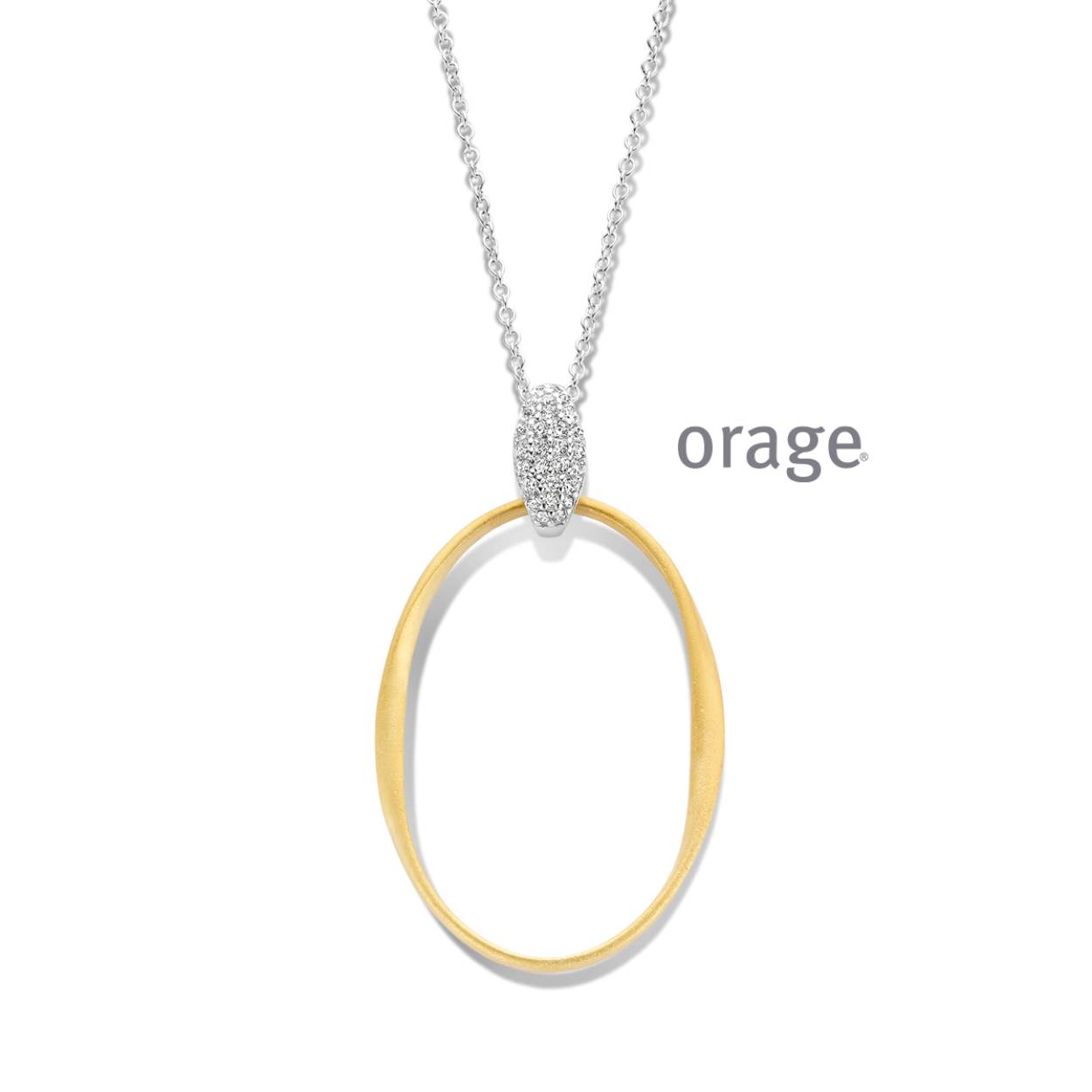 Zilveren ketting (42 cm) met bicolor (goud/zilverkleurige) hanger van Orage
De hanger bevat zirkonium steentjes
Bijhorende oorbellen zijn ook verkrijgbaar