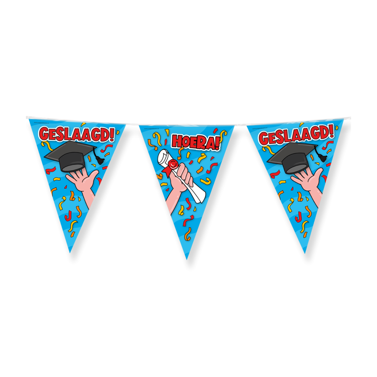 De vlaggenlijn Geslaagd school (cartoon) is de ideale versiering op een feestje als er iemand geslaagd is voor school. Door de gebruikte kleuren en het vrolijke design vallen deze party vlaggen dan ook extra goed op! De vlaggetjes zijn gemaakt van folie, hebben een lengte van 10 meter