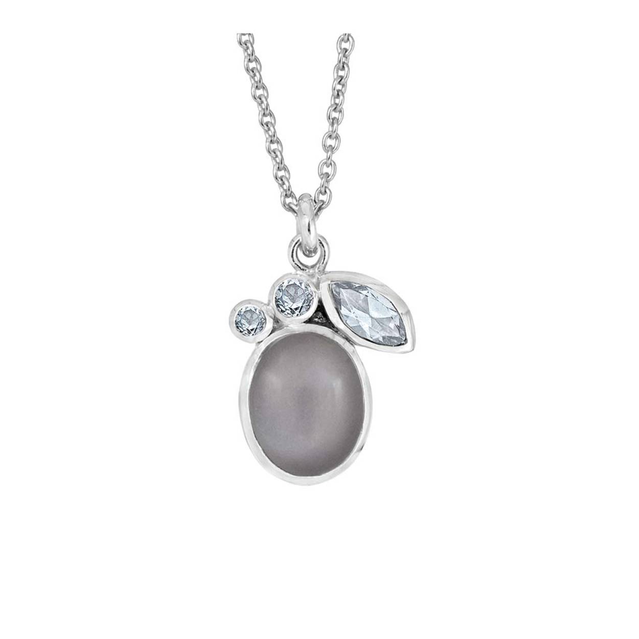 Rabinovich zilveren collier Moonlight met grijze maansteen en blauwe topaas. Lengte 42-45cm.